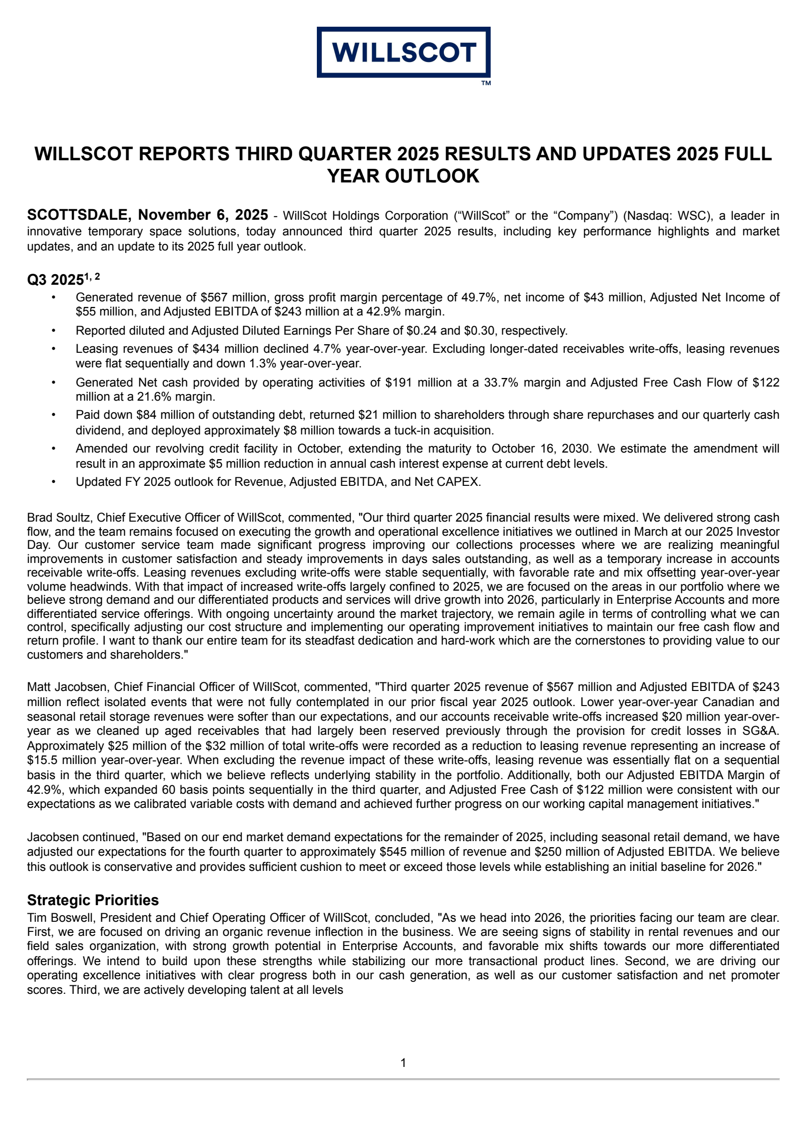 WillScot's Q3 2025 Earnings Release