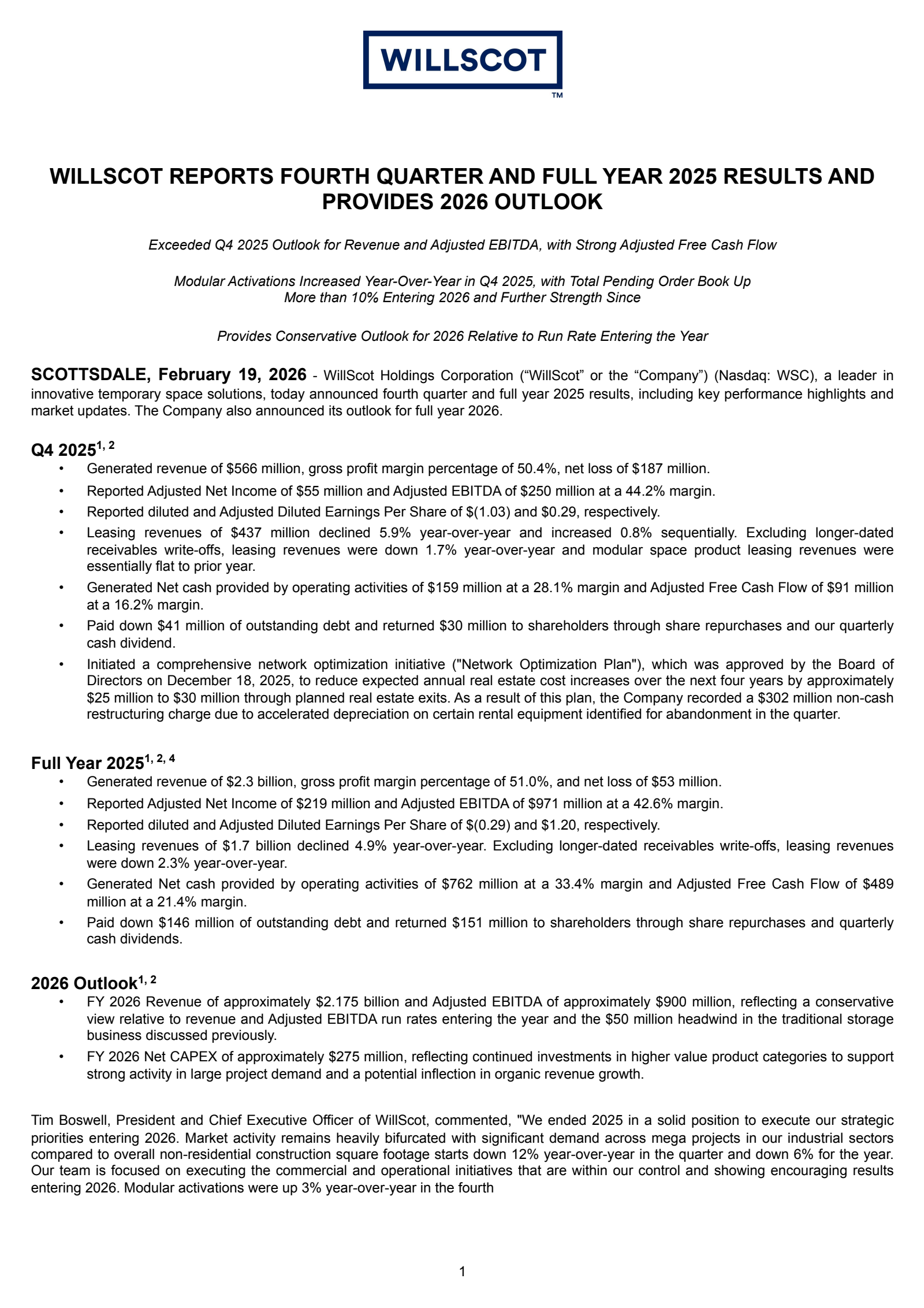 WillScot's Q4 2025 Press Release