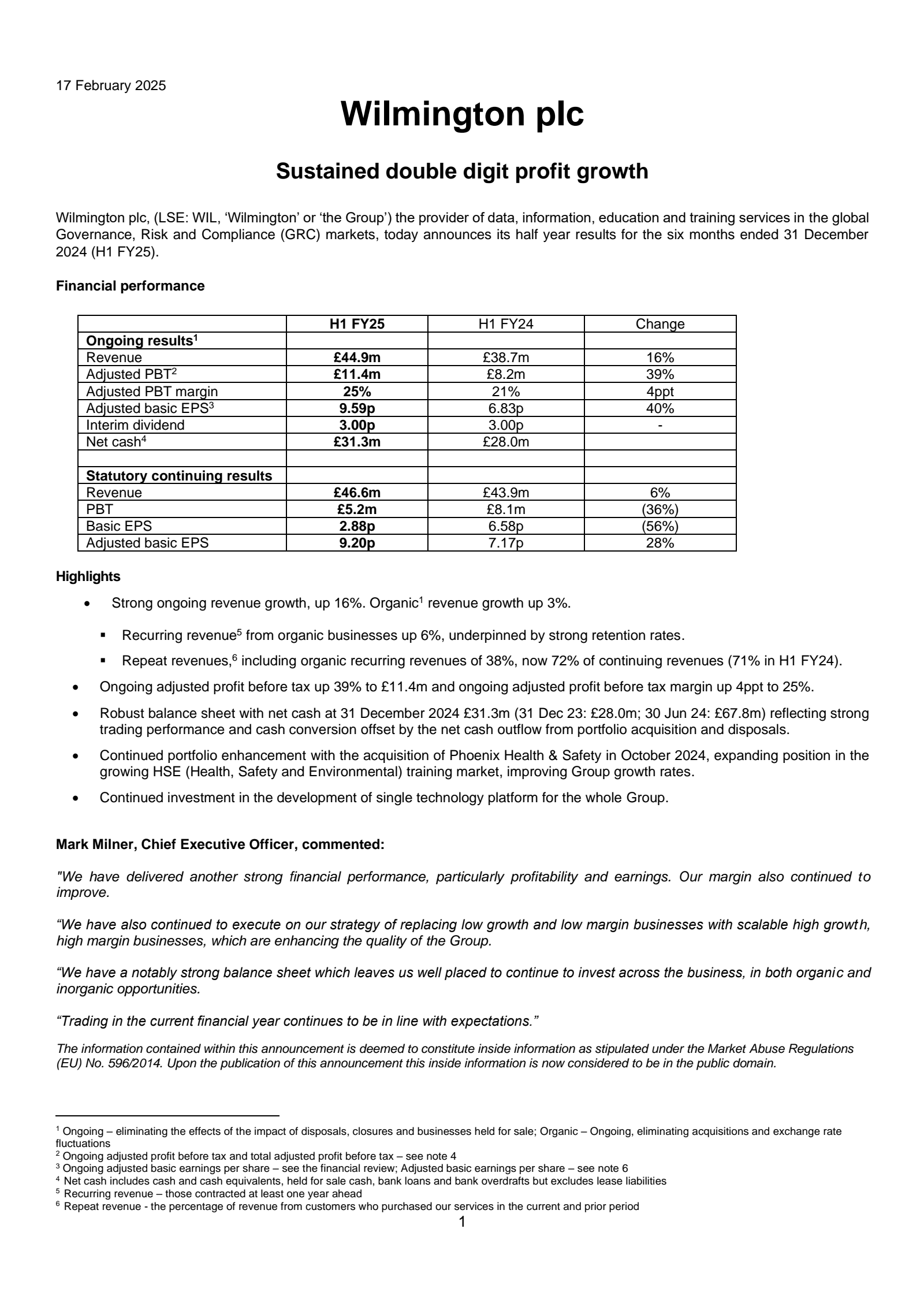 Wilmington's H1 2025 Interim report