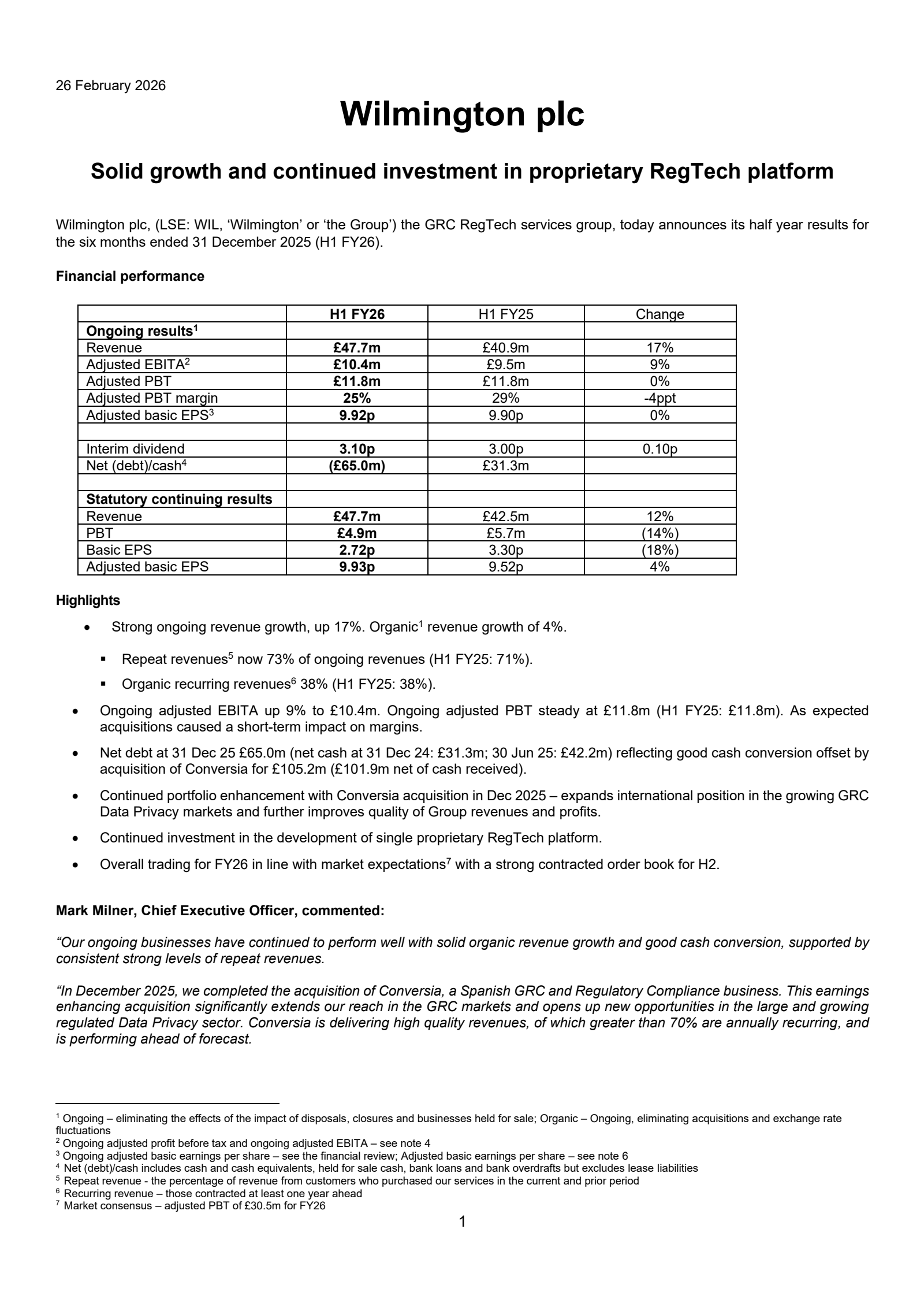 Wilmington's H1 2026 Interim report