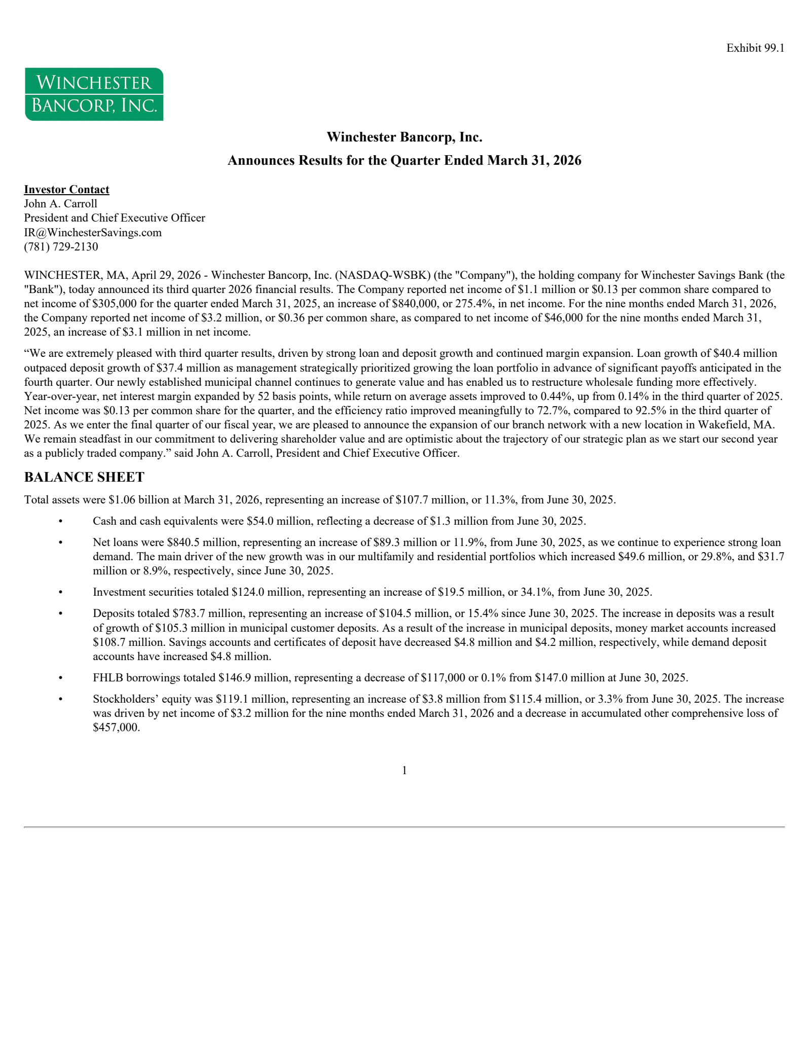 Winchester Bancorp's Q1 2026 Press Release