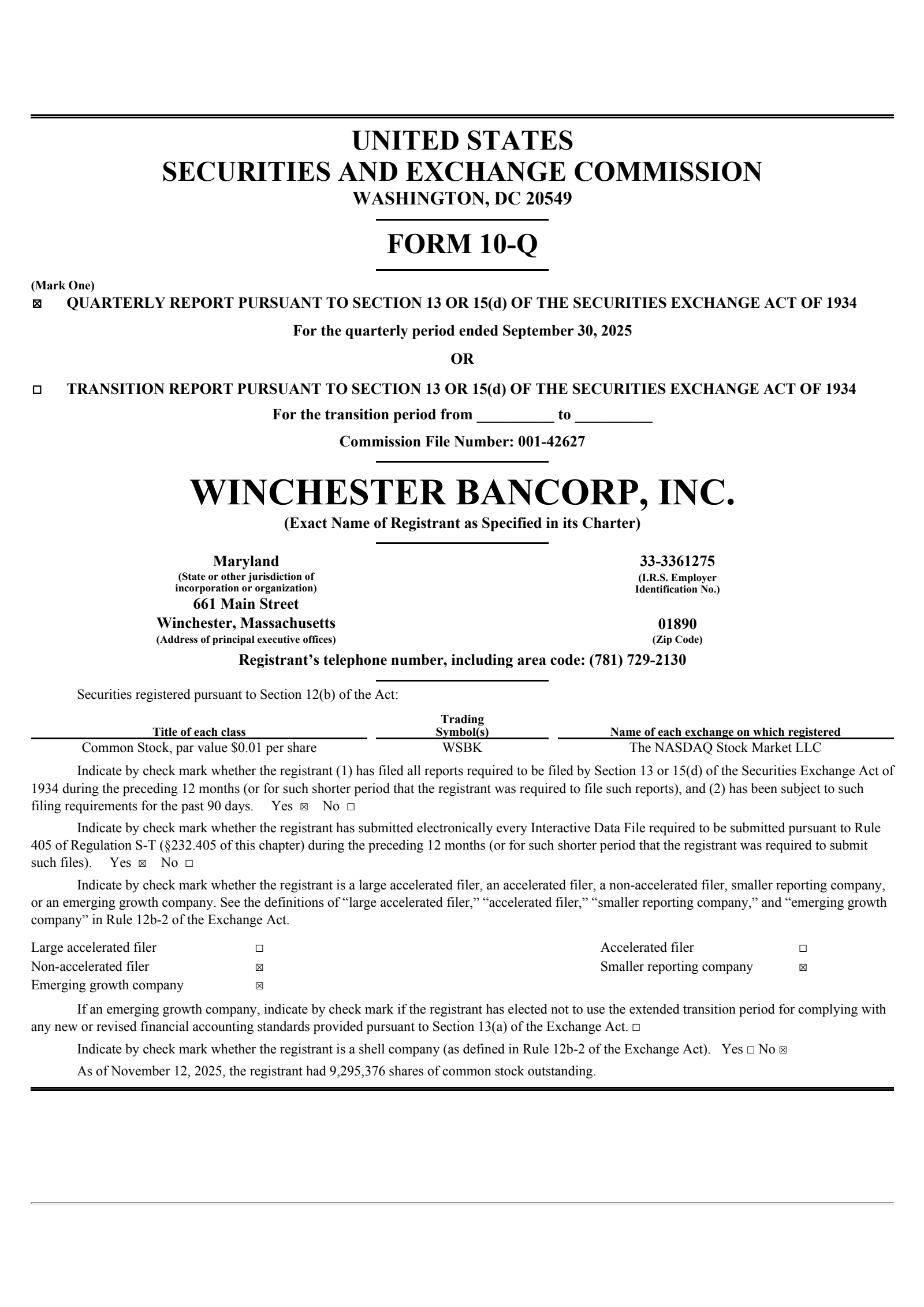 Winchester Bancorp's Q1 2026 Quarterly report