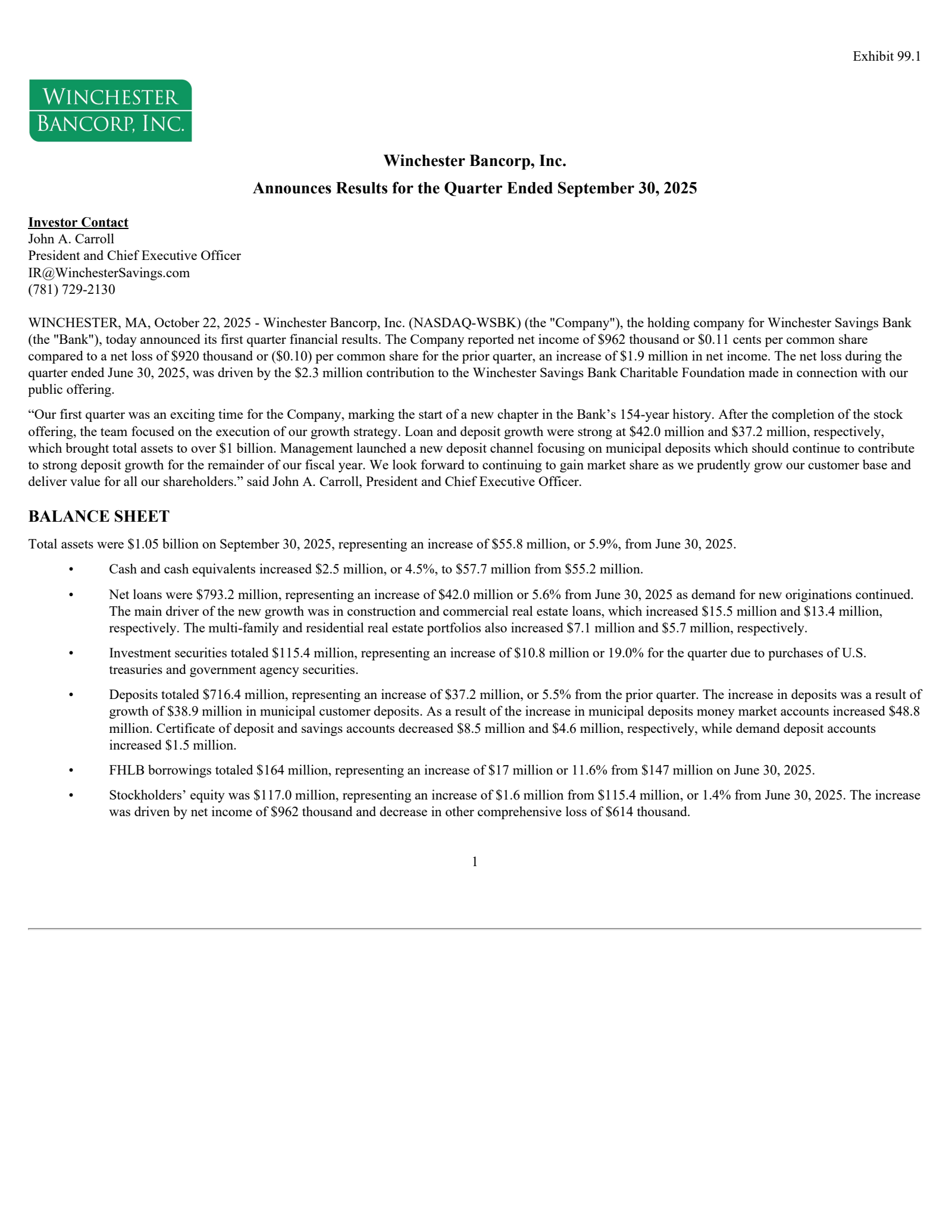 Winchester Bancorp's Q3 2025 Press Release