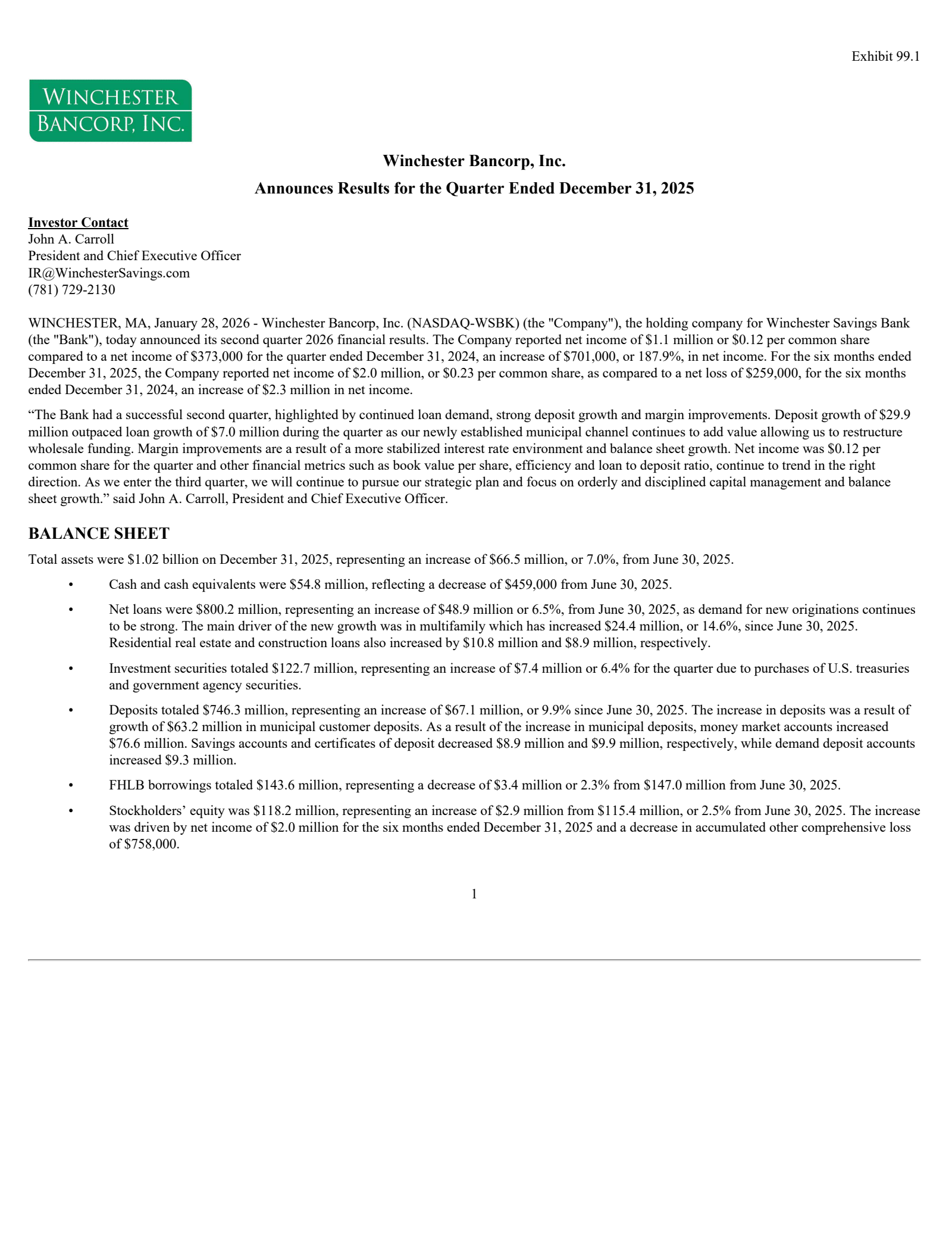 Winchester Bancorp's Q4 2025 Press Release