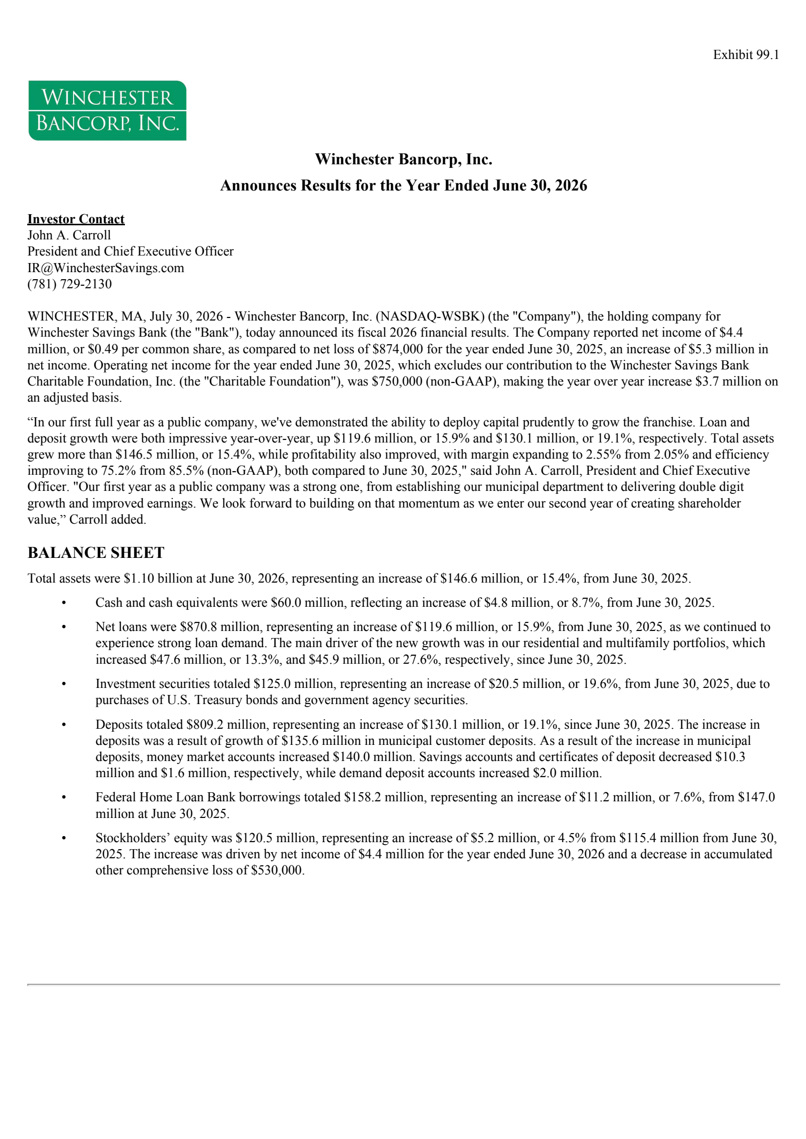 Winchester Bancorp's Q4 2026 Press Release