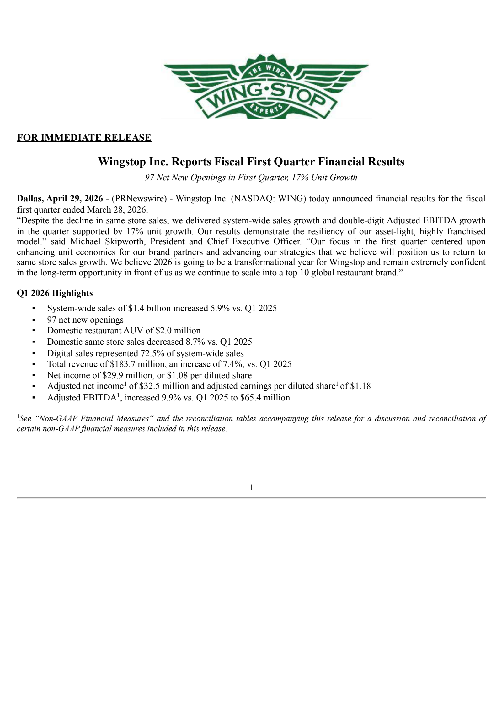 Wingstop's Q1 2026 Press Release