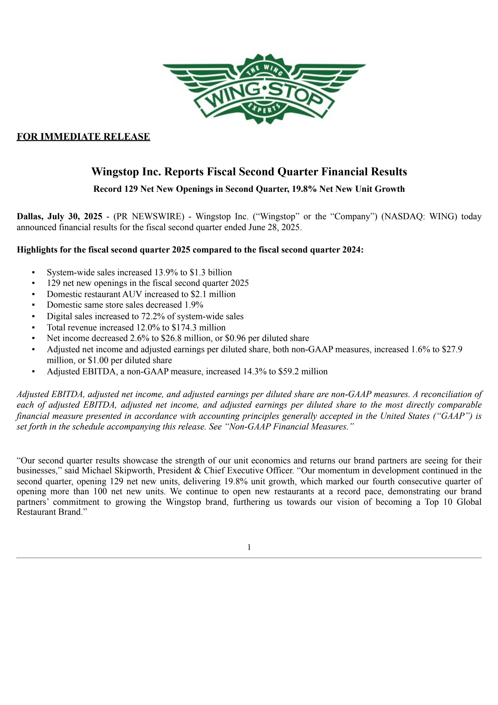 Wingstop's Q2 2025 Press Release