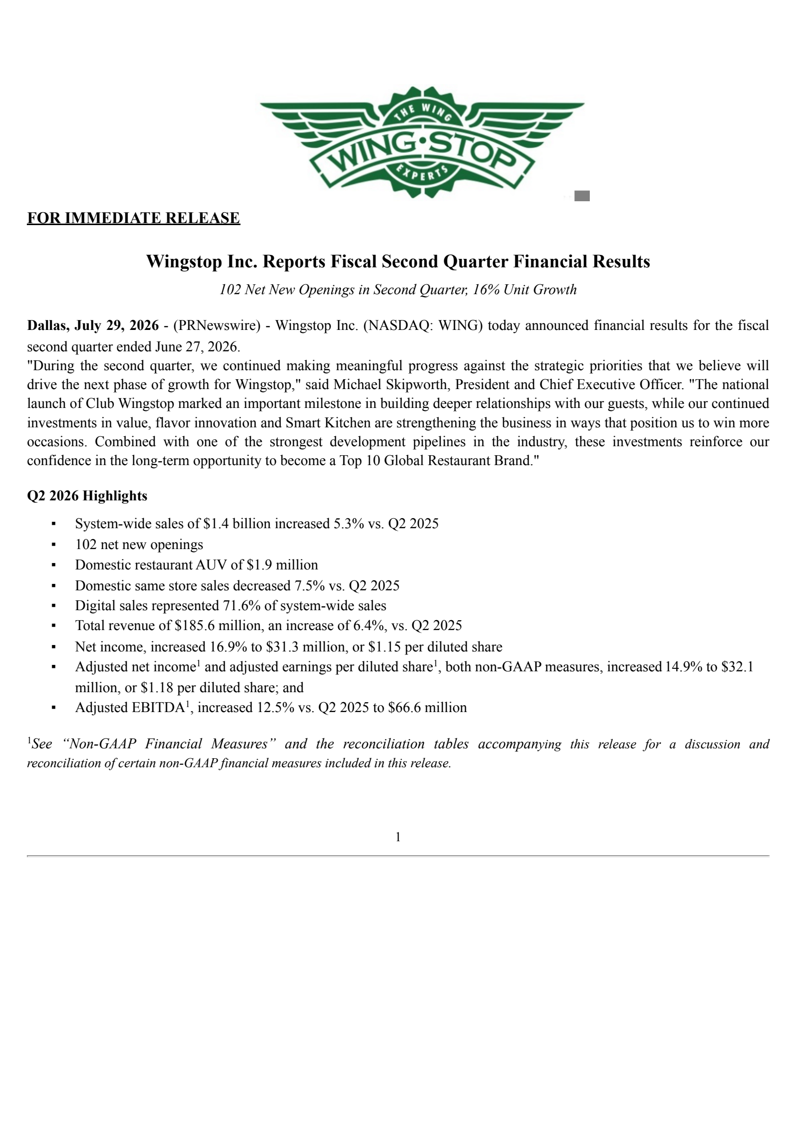 Wingstop's Q2 2026 Press Release