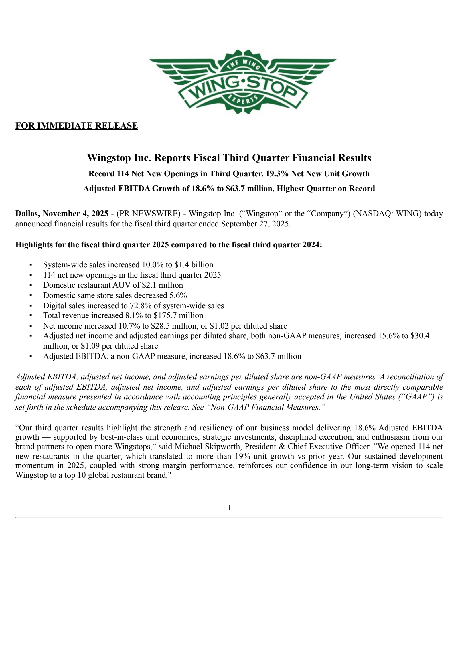Wingstop's Q3 2025 Earnings Release