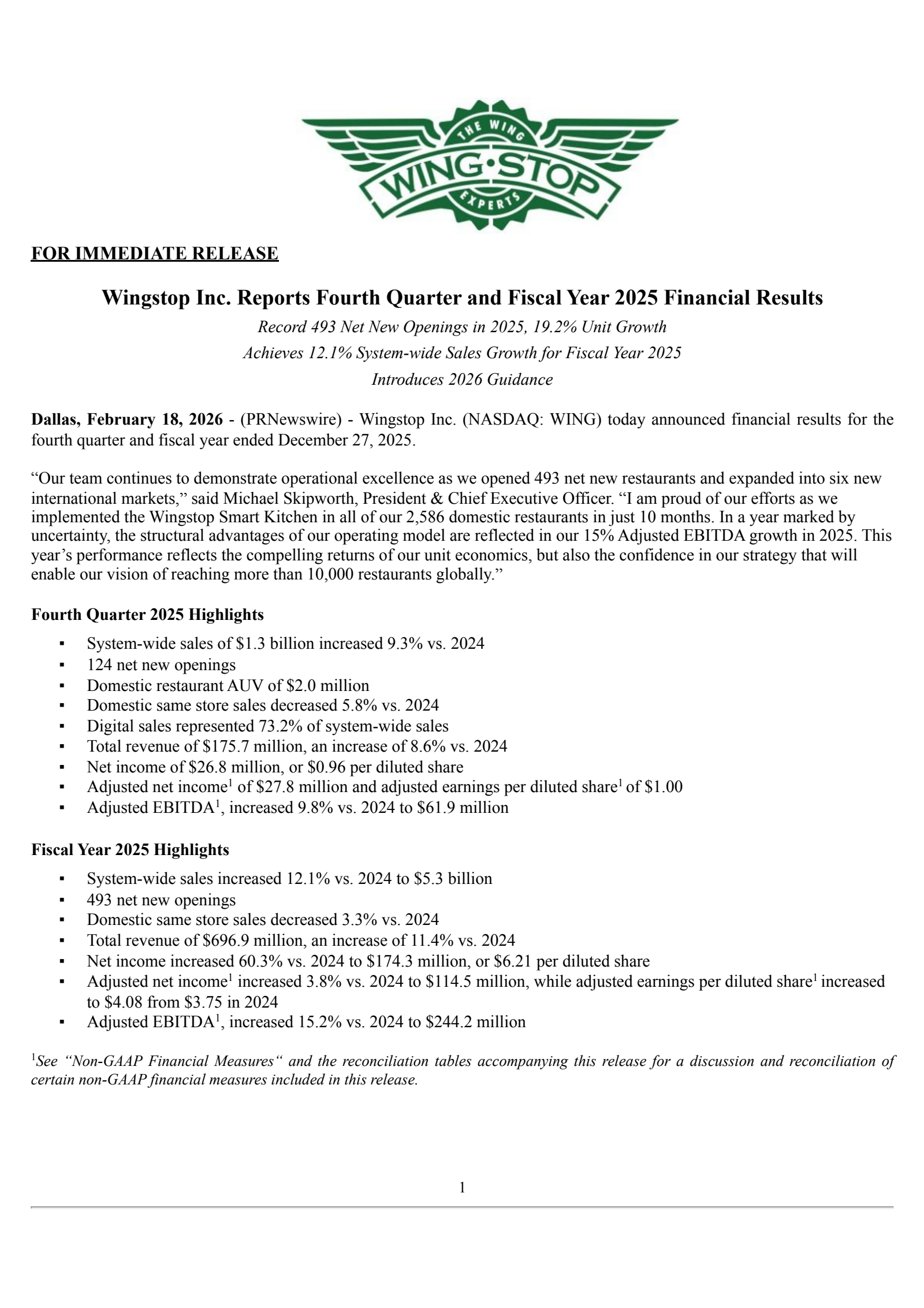 Wingstop's Q4 2025 Press Release