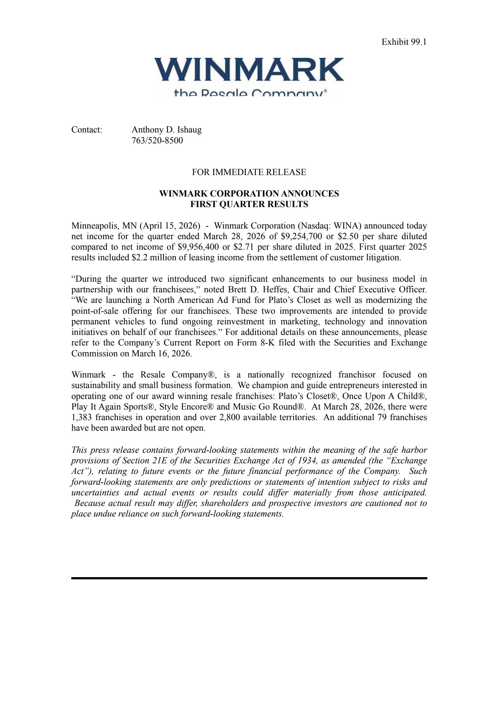 Winmark's Q1 2026 Press Release