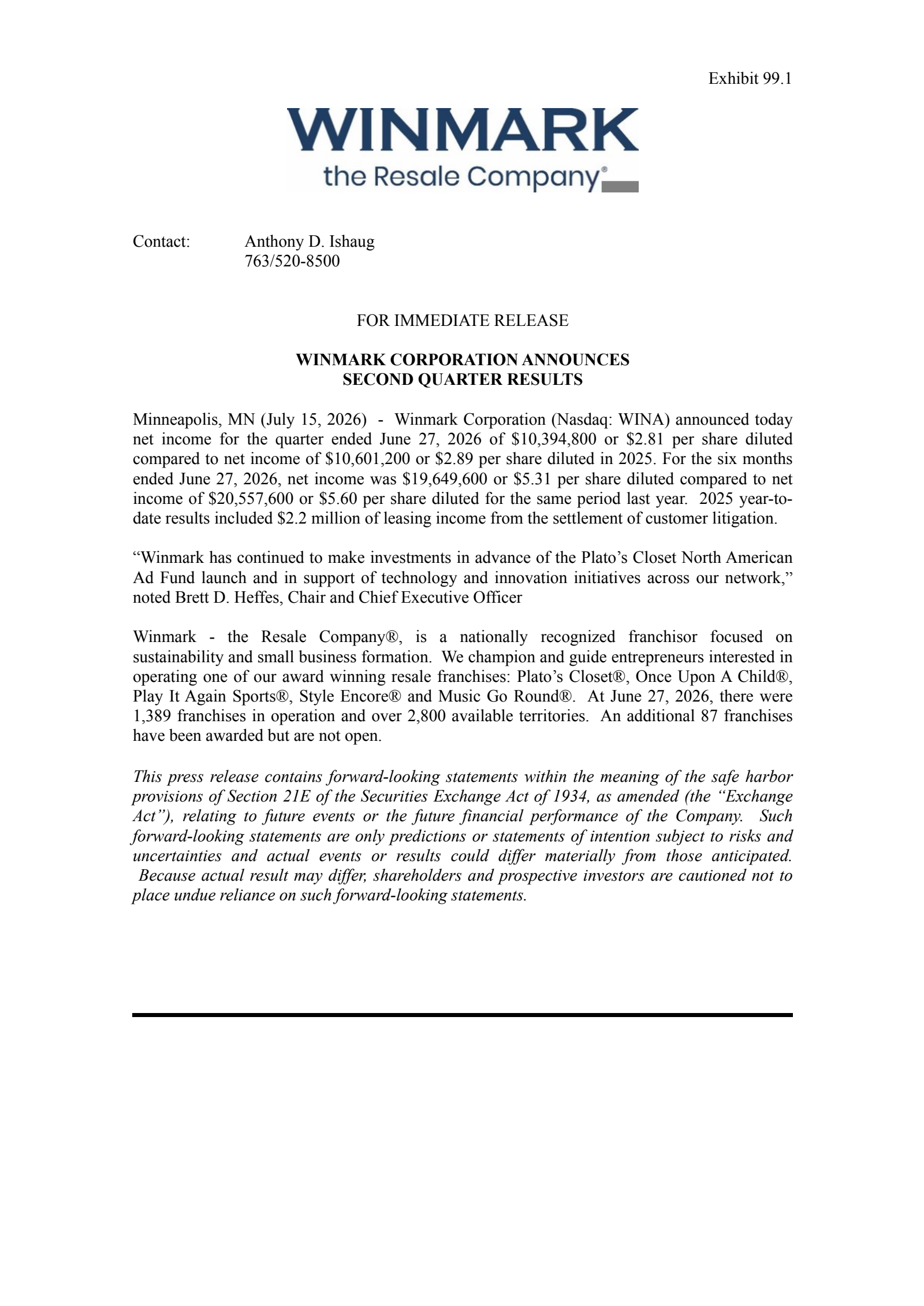 Winmark's Q2 2026 Press Release