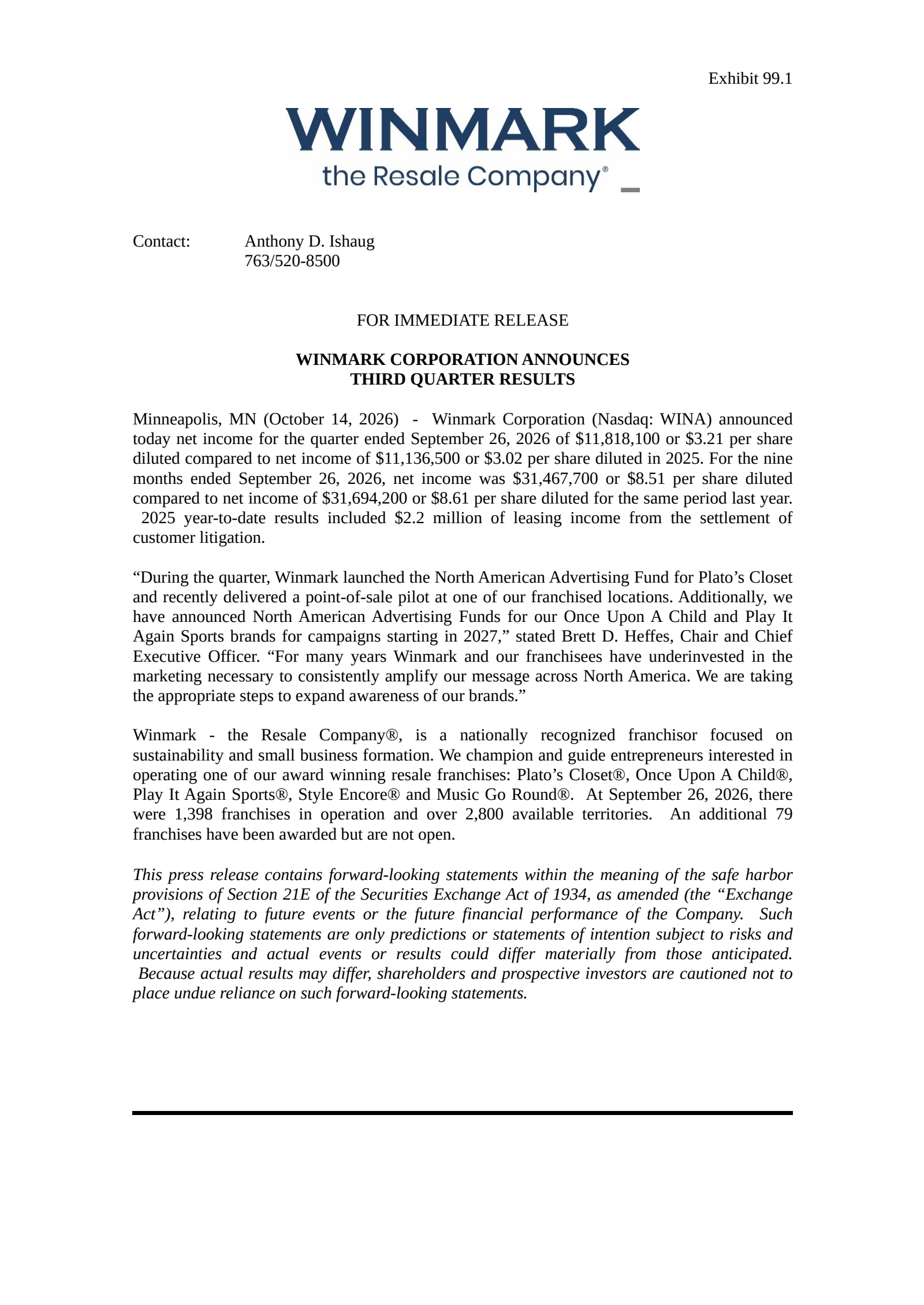 Winmark's Q3 2026 Press Release