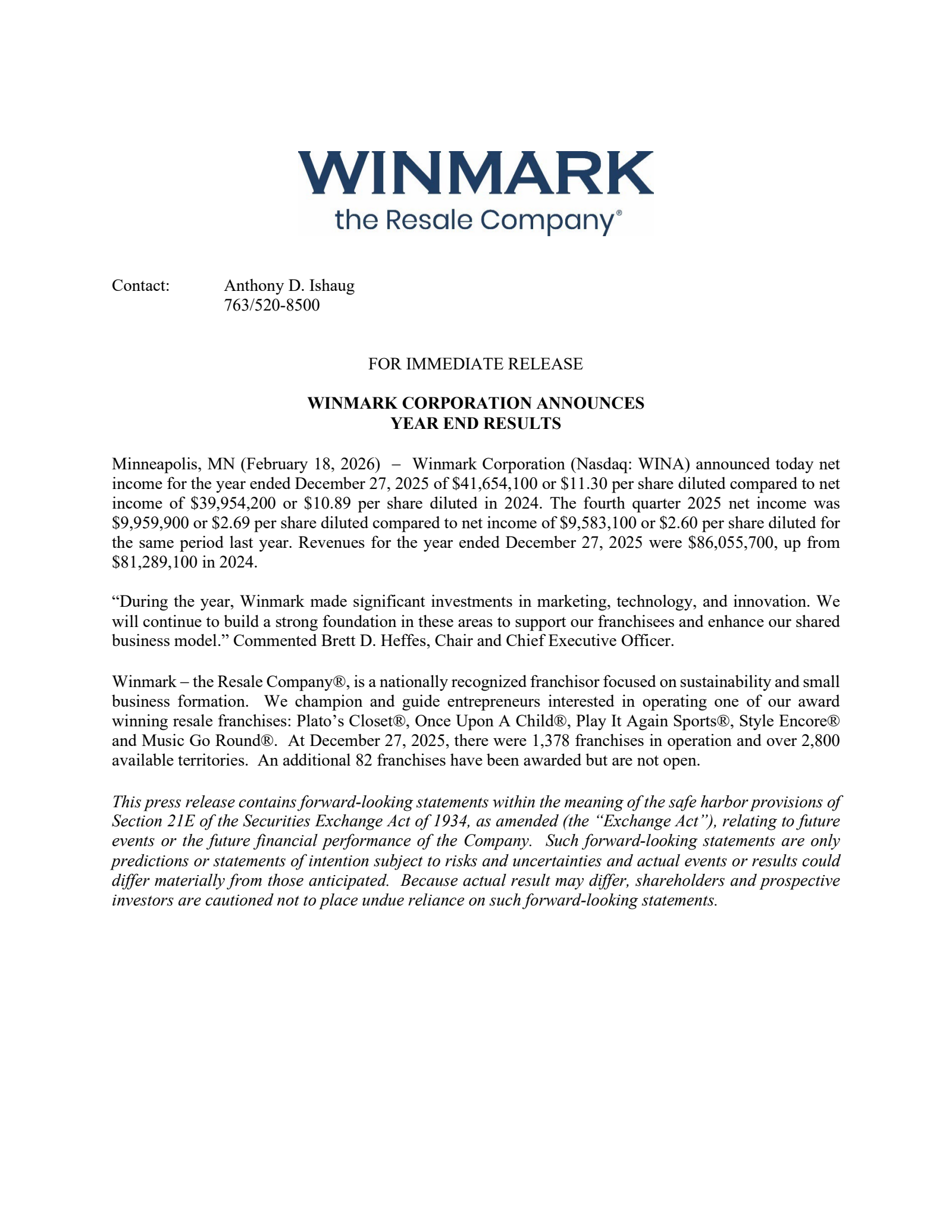 Winmark's Q4 2025 Press Release