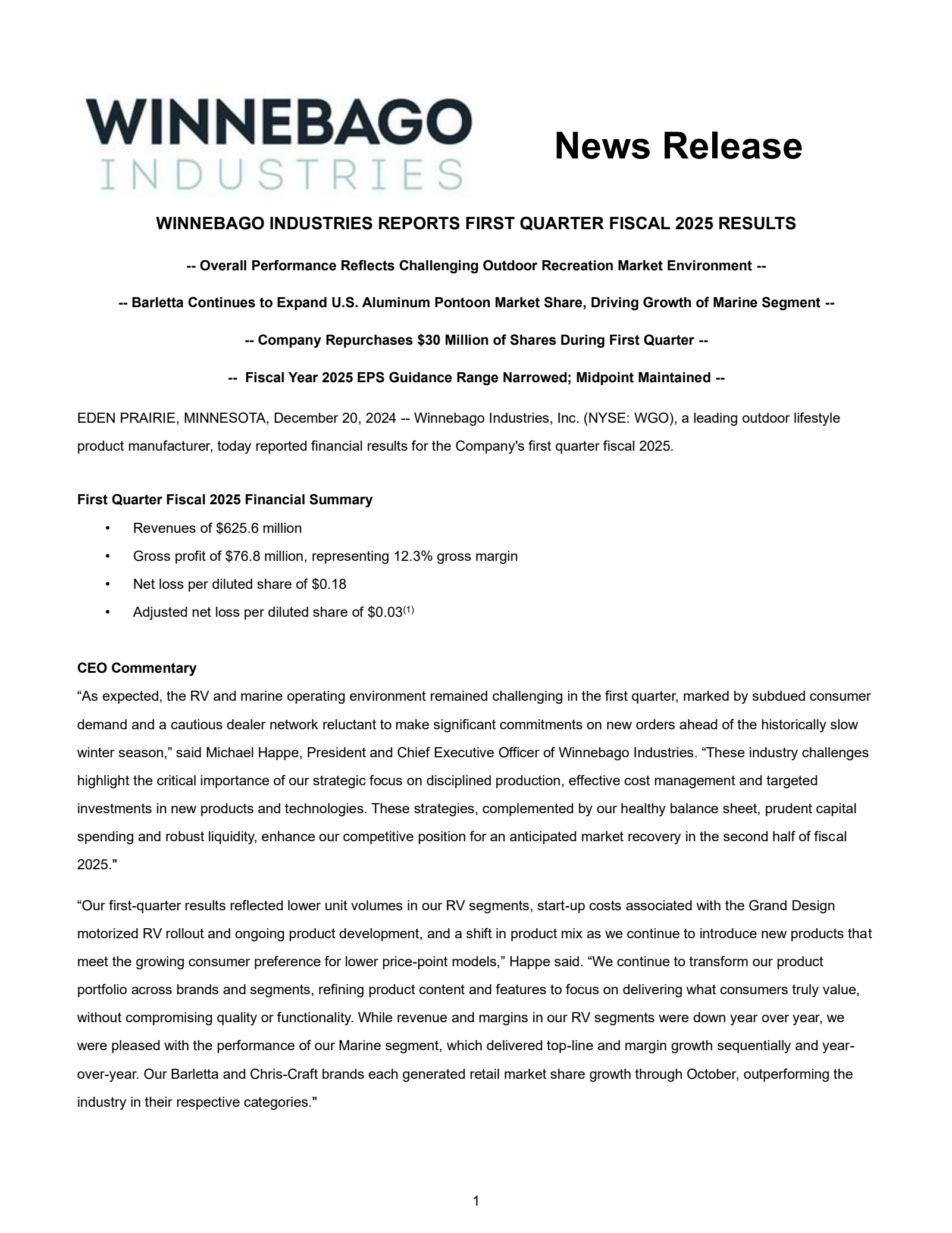 Winnebago Industries' Q1 2025 Press Release