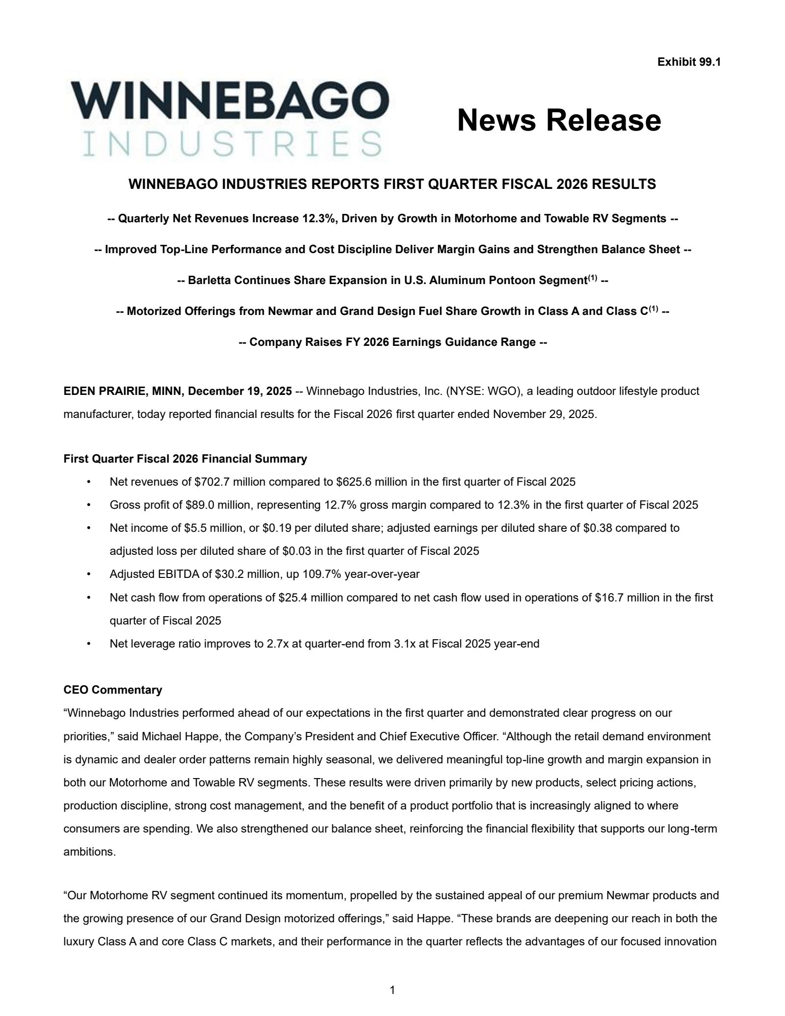 Winnebago Industries' Q1 2026 Earnings Release