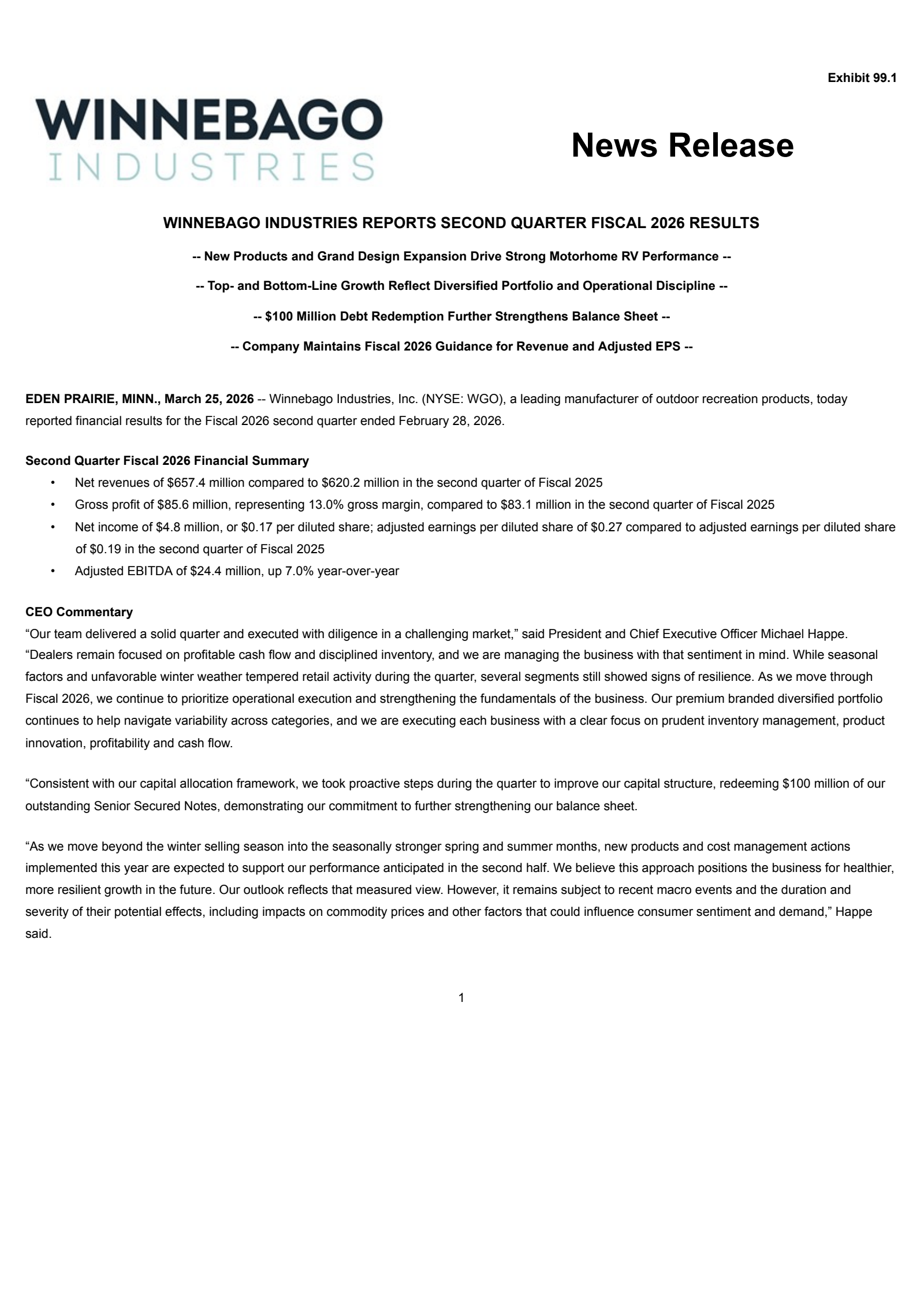 Winnebago Industries' Q2 2026 Press Release