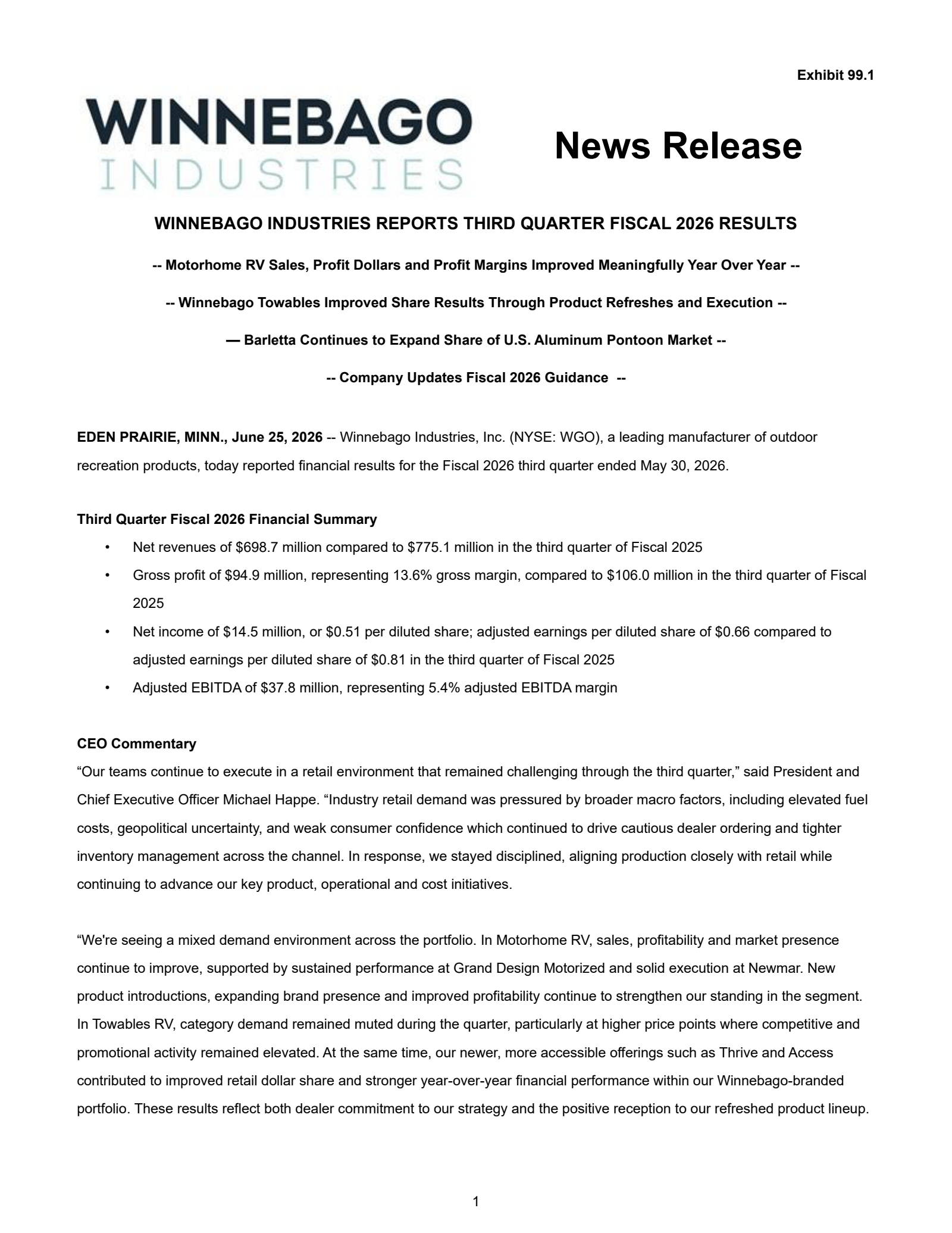 Winnebago Industries' Q3 2026 Press Release