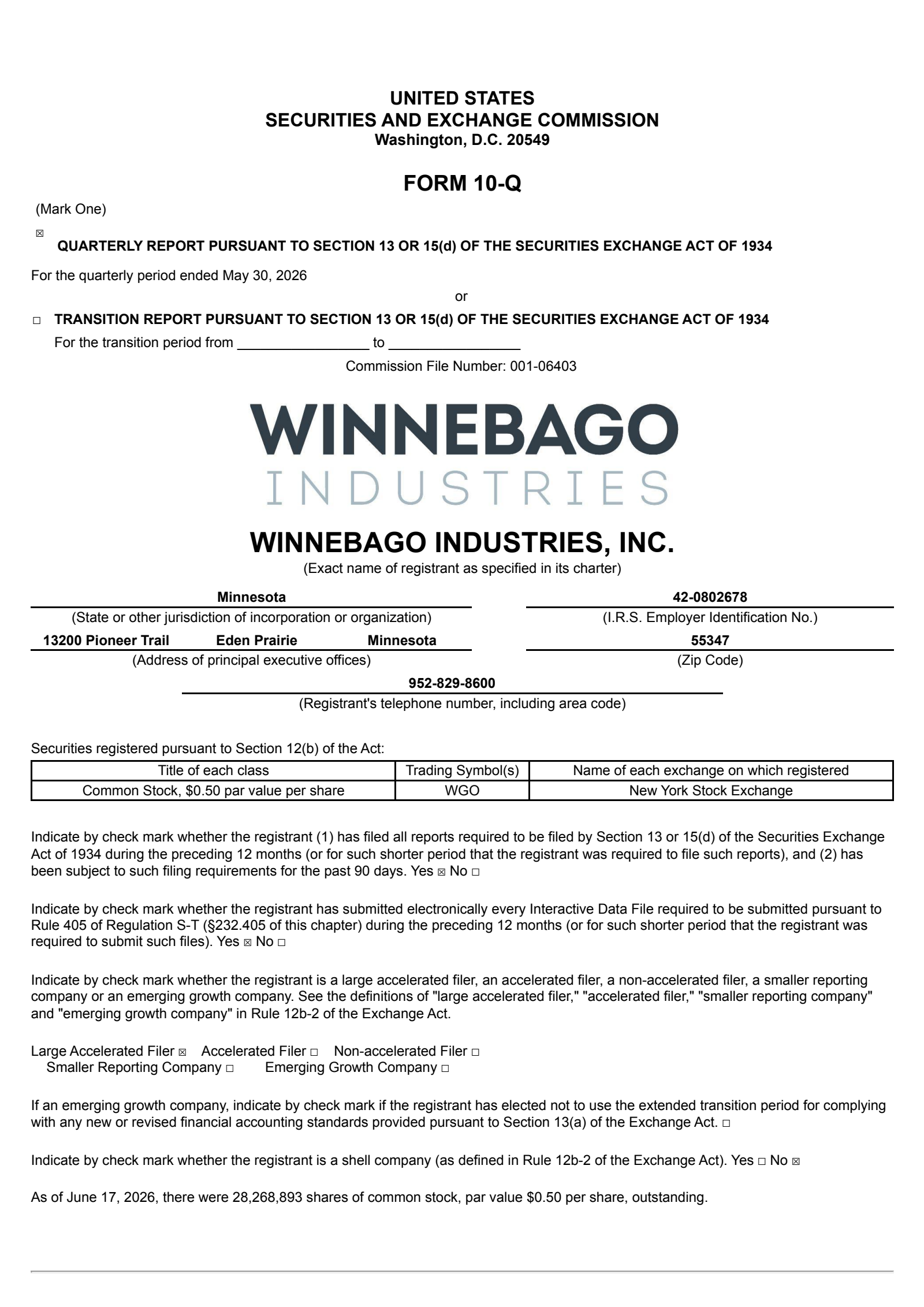 Winnebago Industries' Q3 2026 Quarterly report
