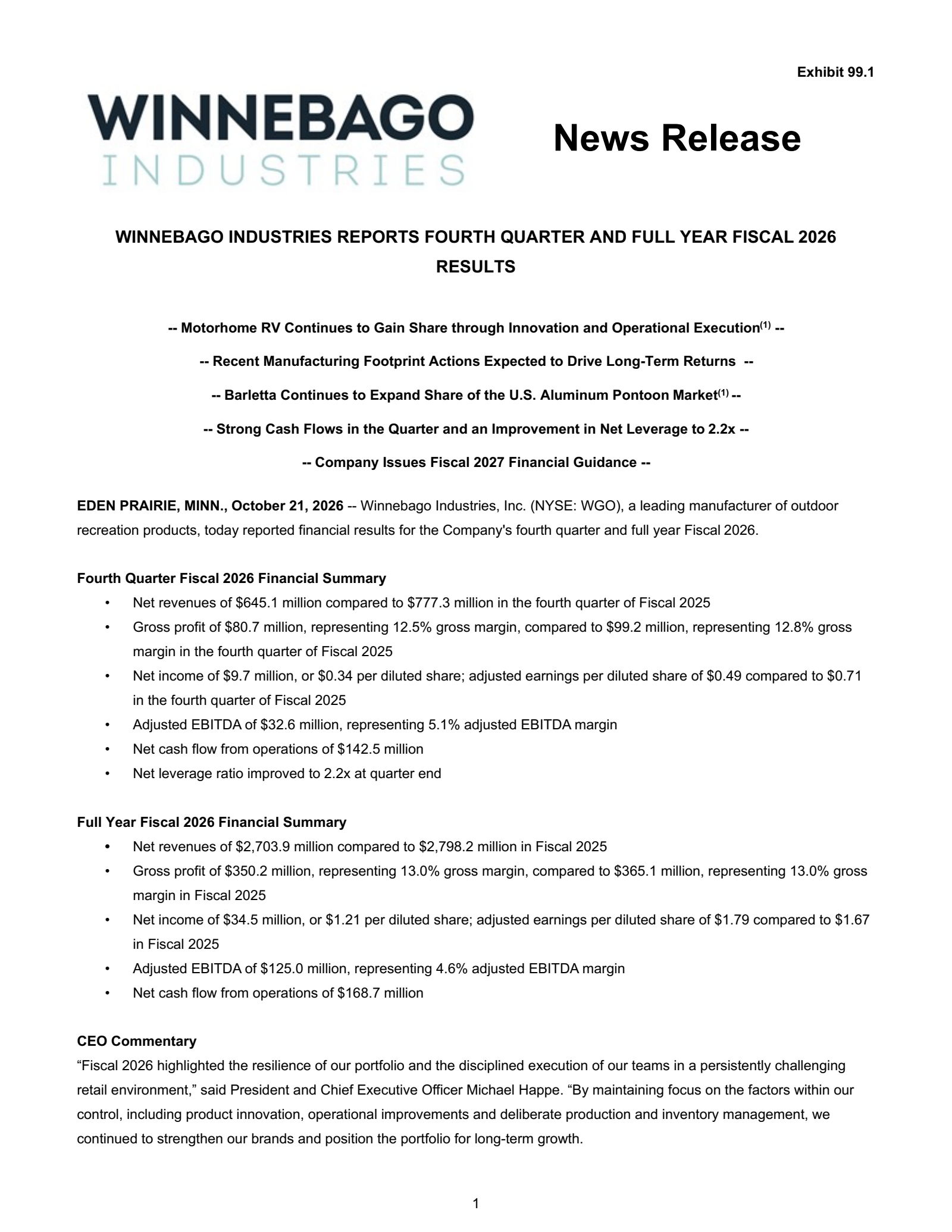Winnebago Industries' Q4 2026 Press Release