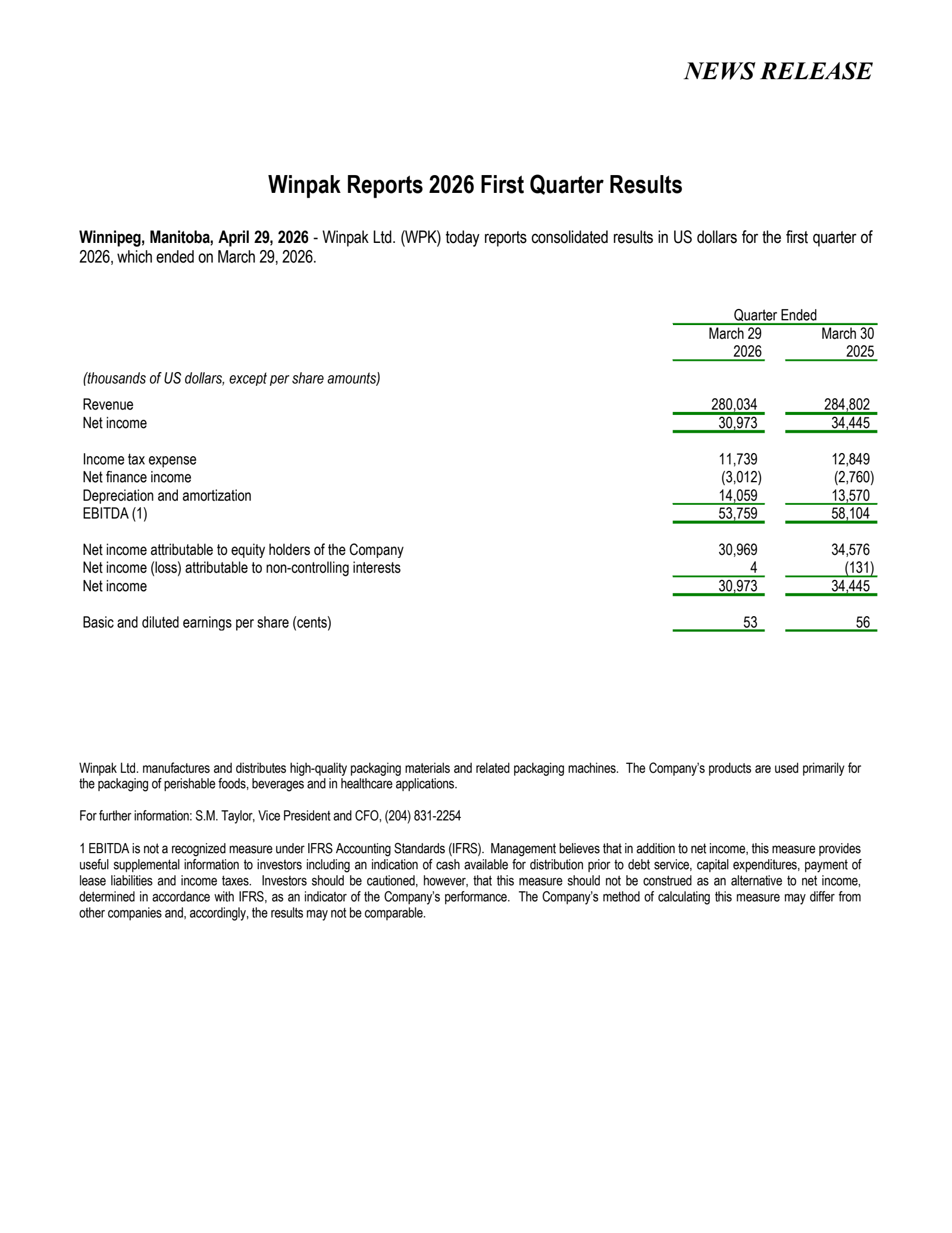 Winpak's Q1 2026 Press Release