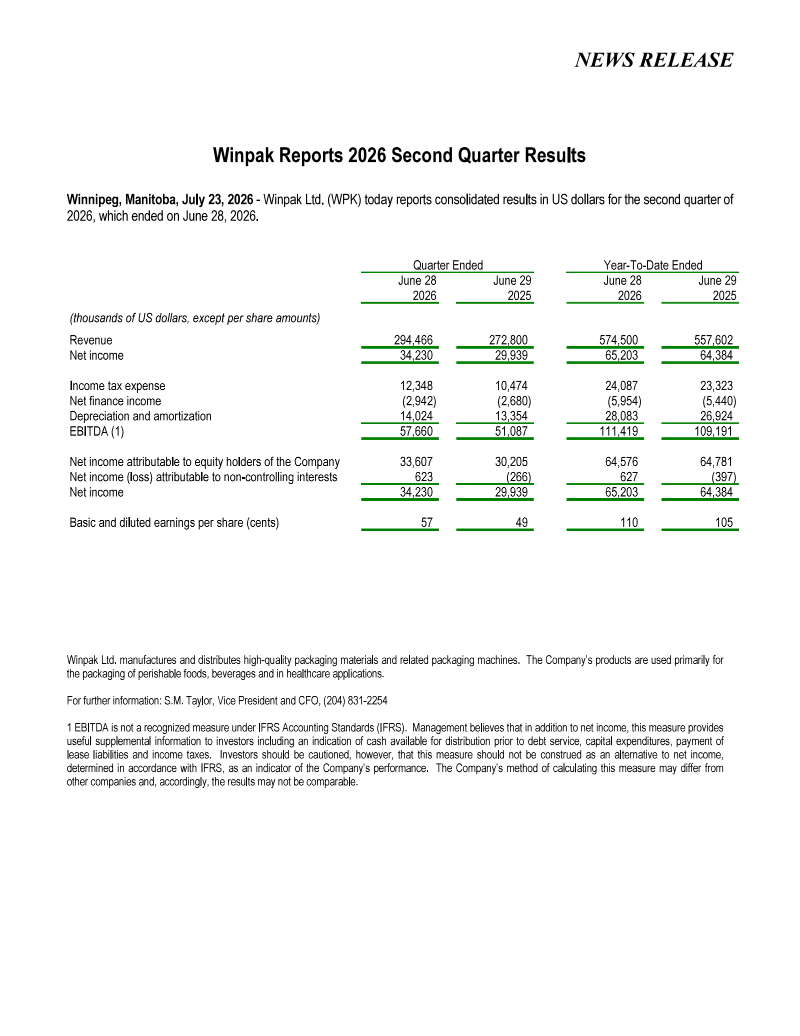 Winpak's Q2 2026 Press Release
