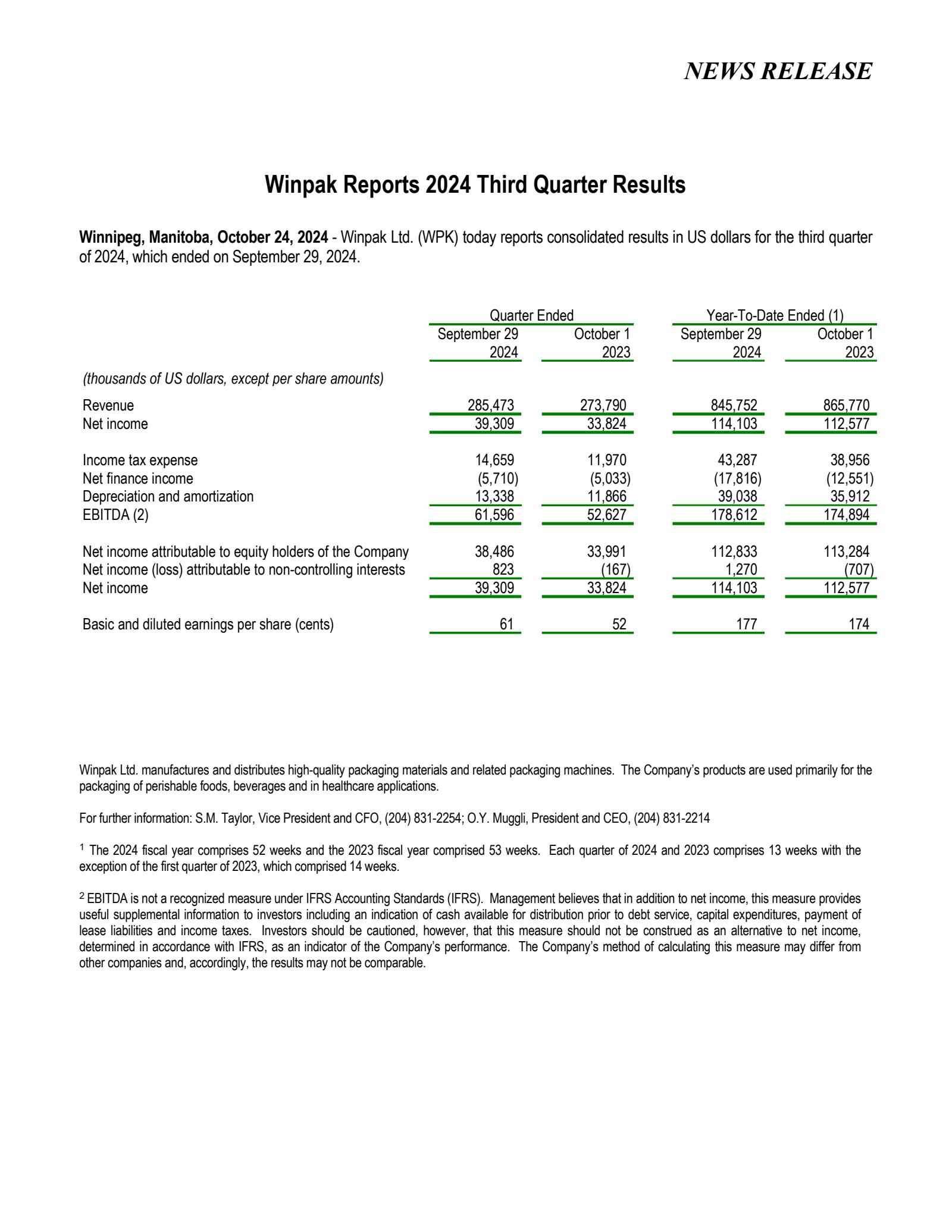 Winpak's Q3 2024 Press Release