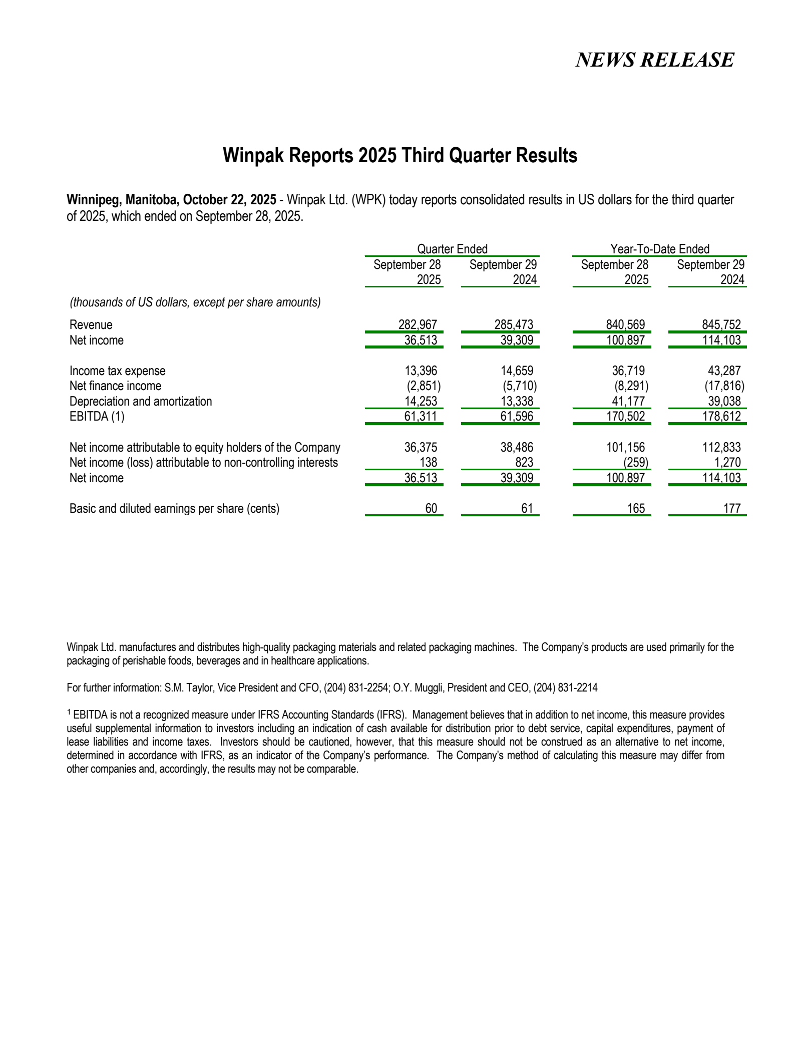 Winpak's Q3 2025 Earnings Release