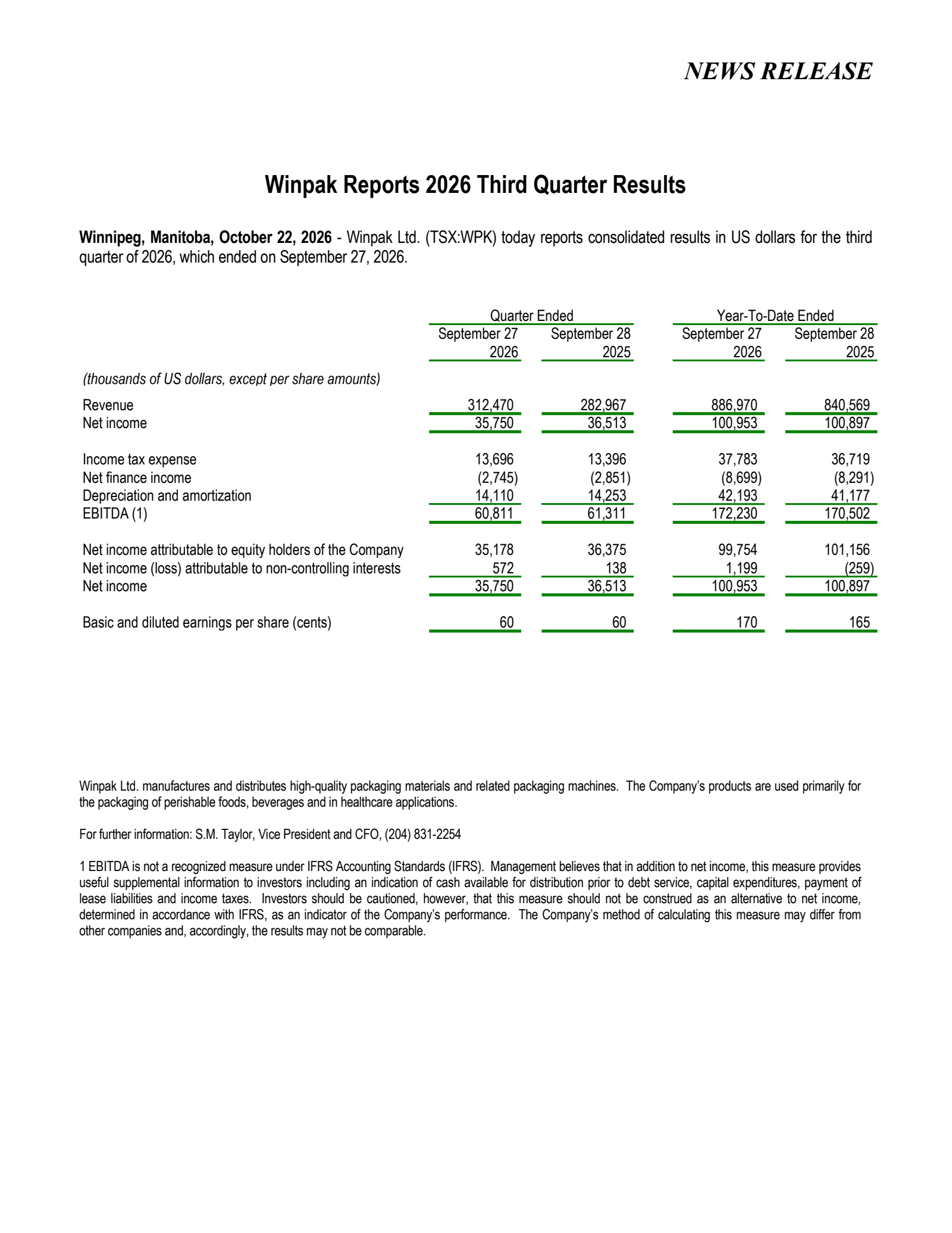 Winpak's Q3 2026 Press Release
