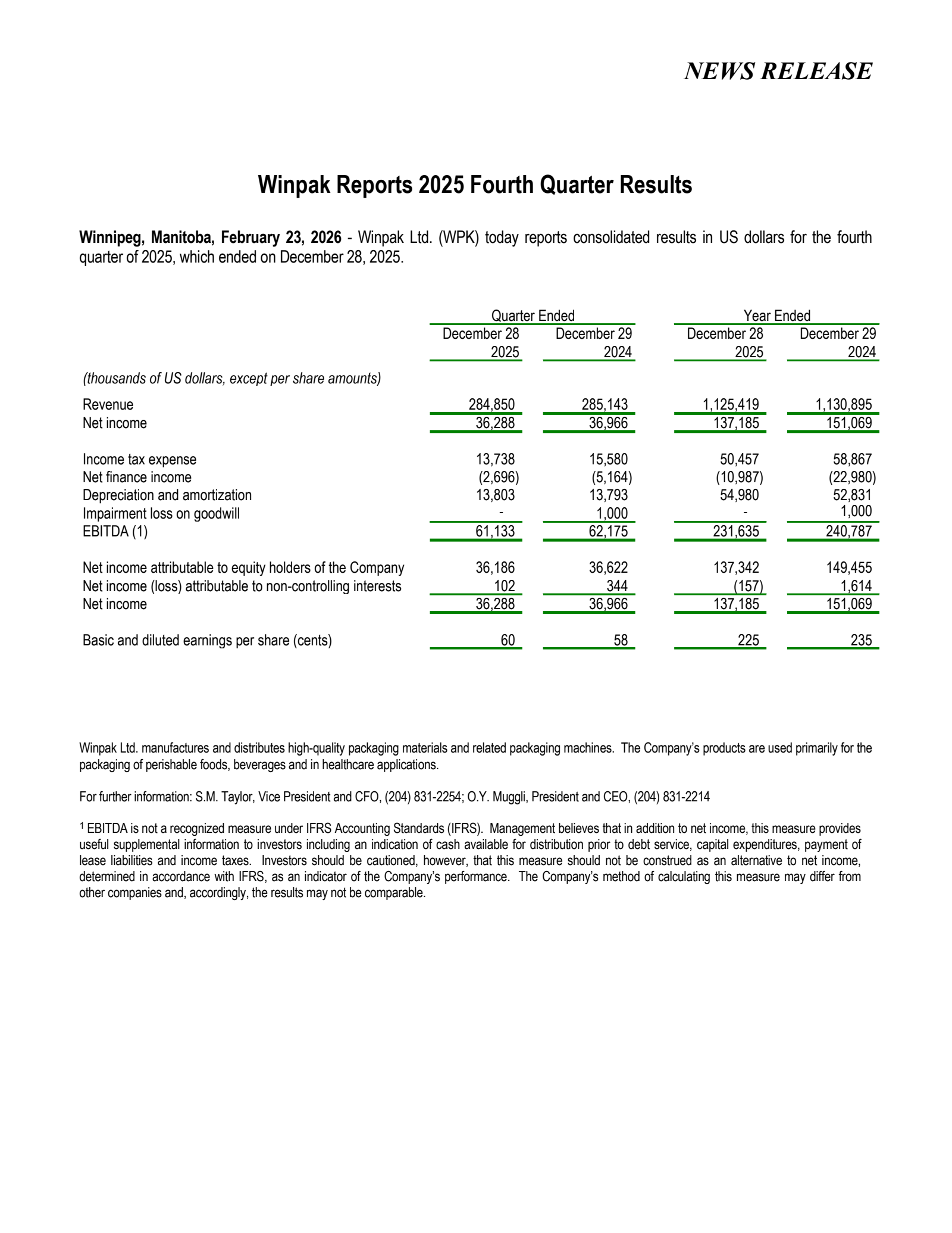 Winpak's Q4 2025 Press Release