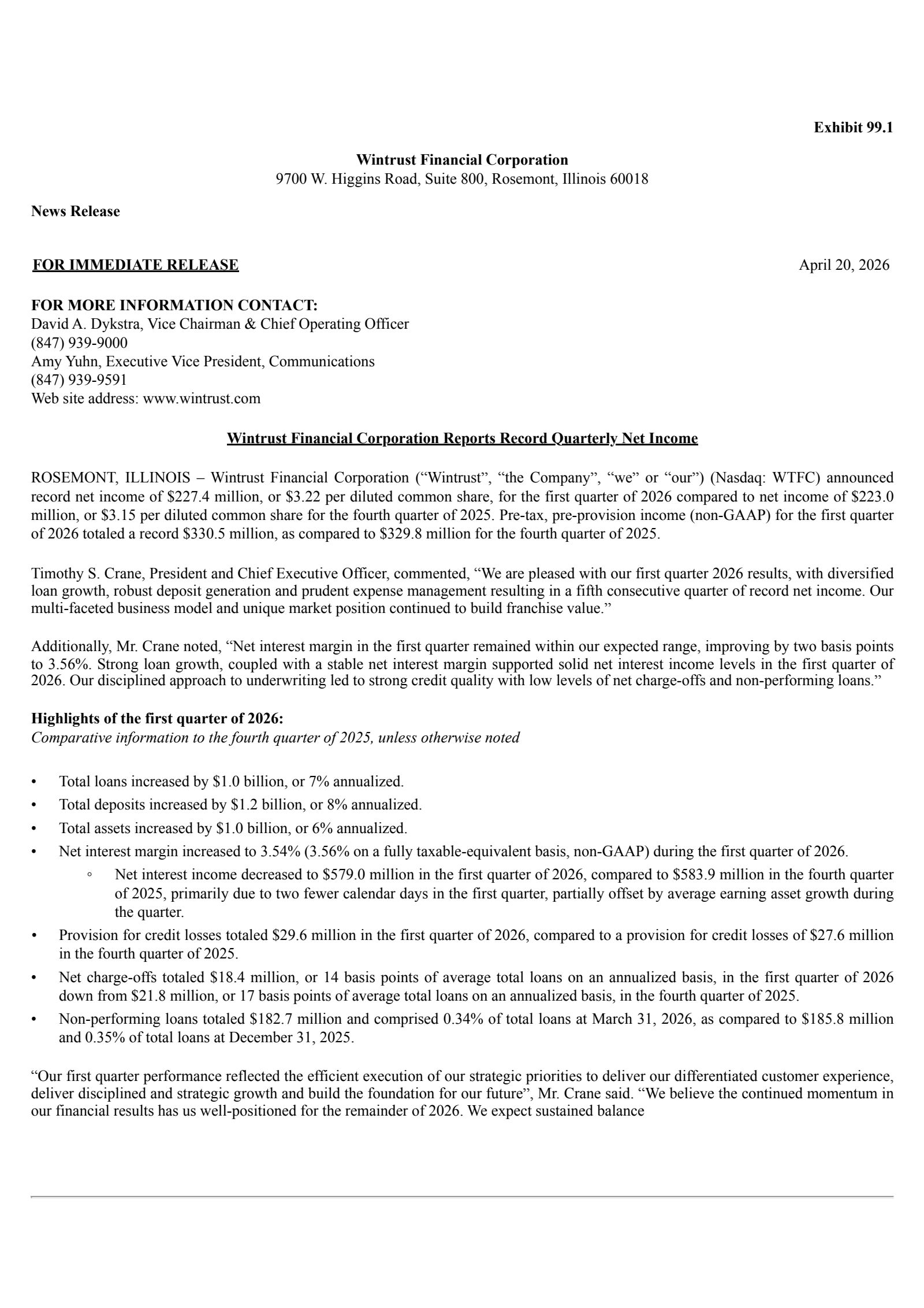 Wintrust Financial's Q1 2026 Press Release