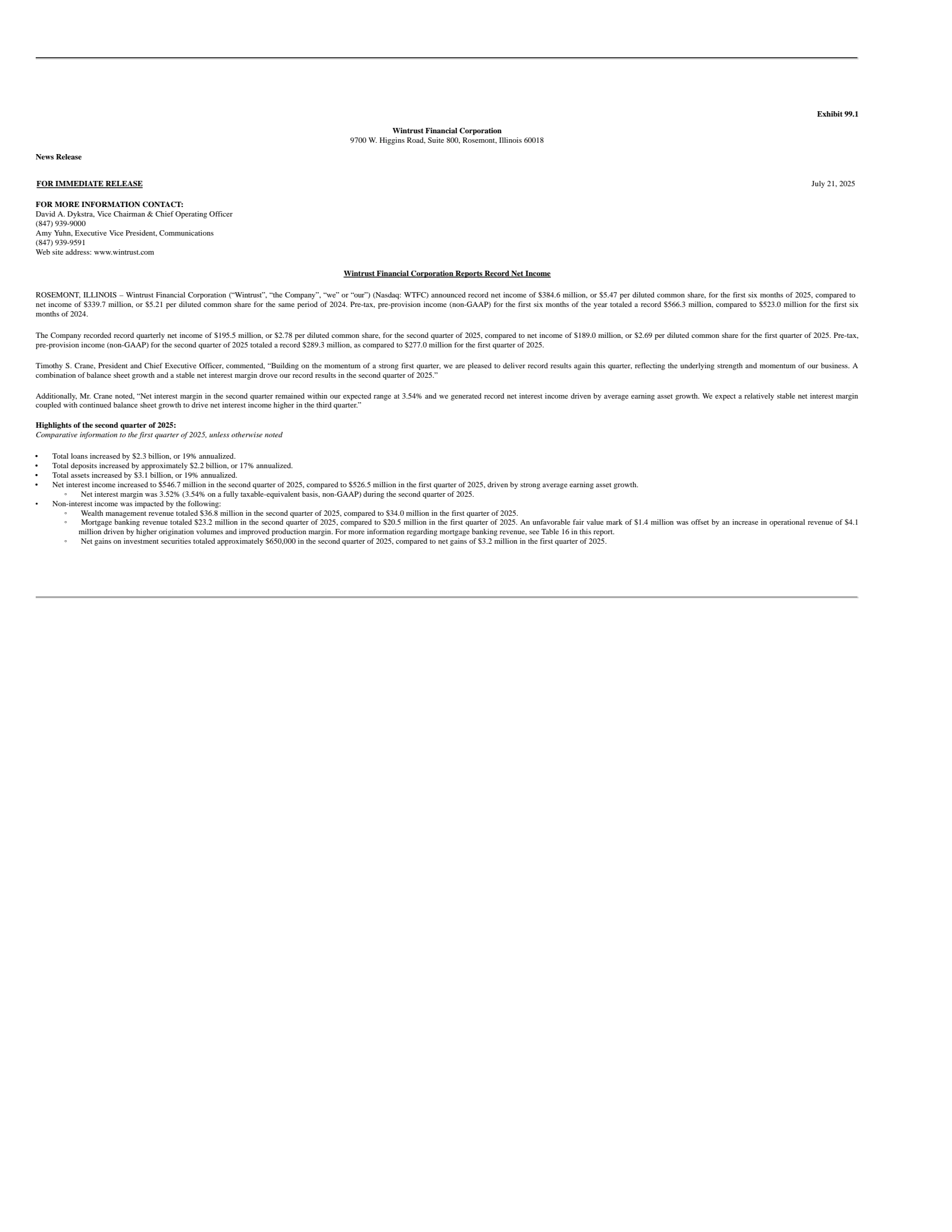 Wintrust Financial's Q2 2025 Press Release