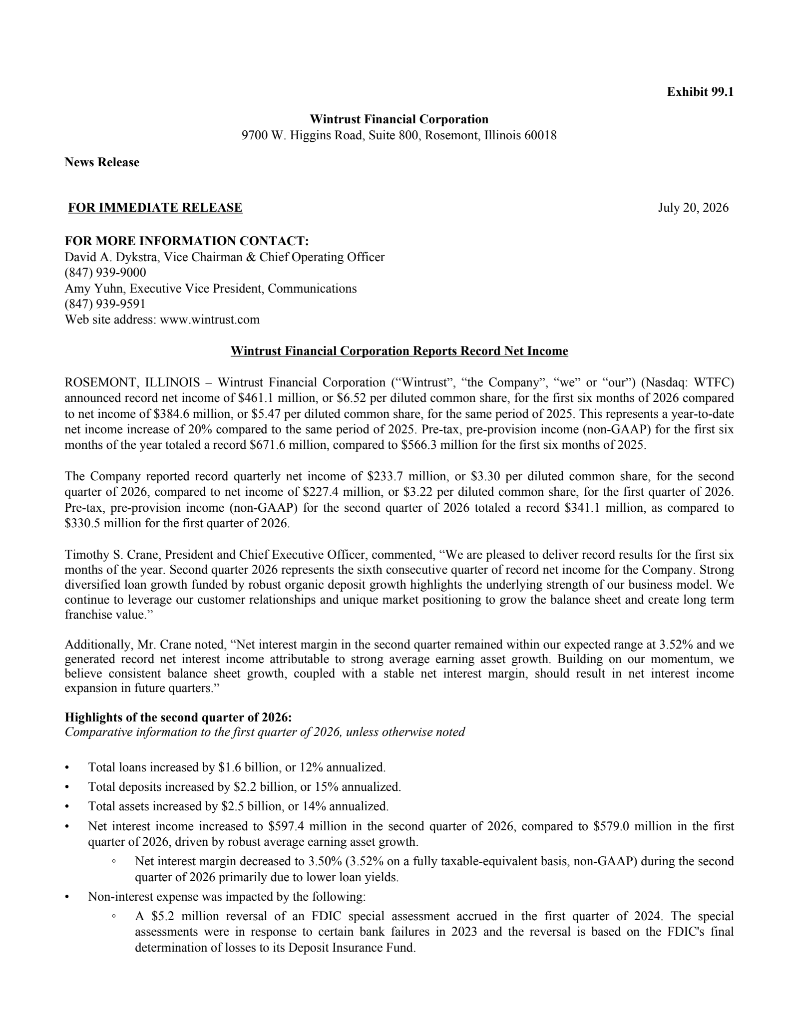 Wintrust Financial's Q2 2026 Press Release