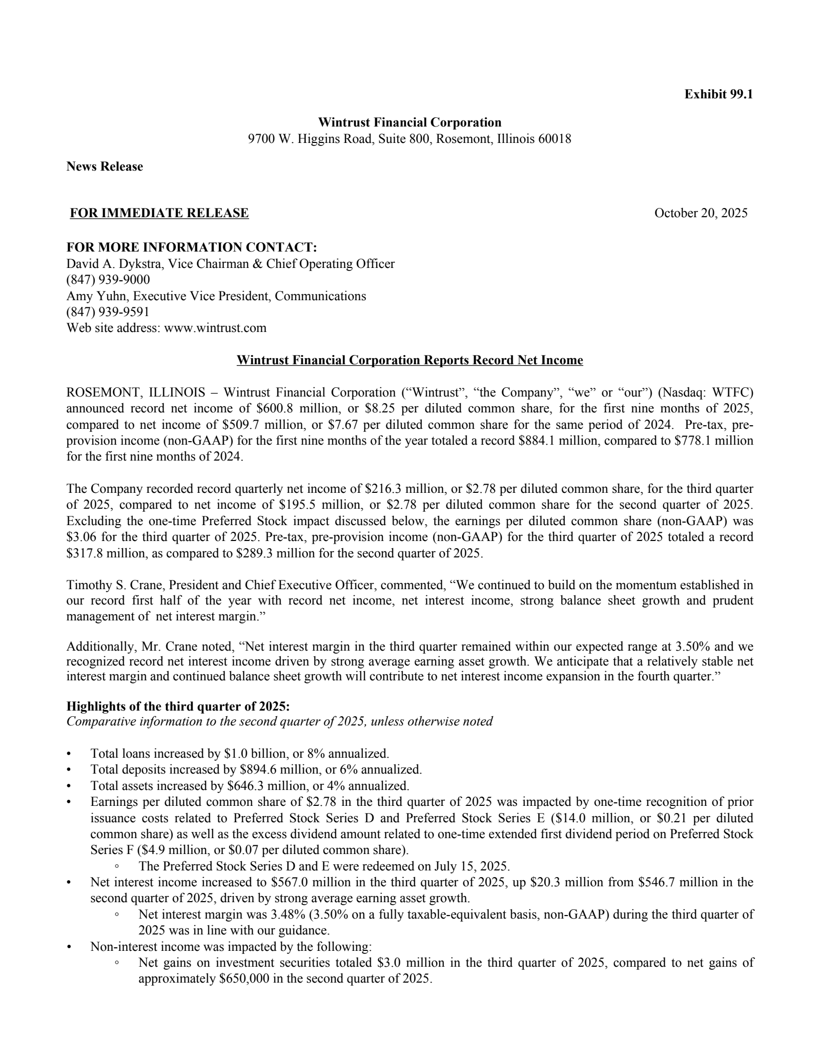 Wintrust Financial's Q3 2025 Earnings Release