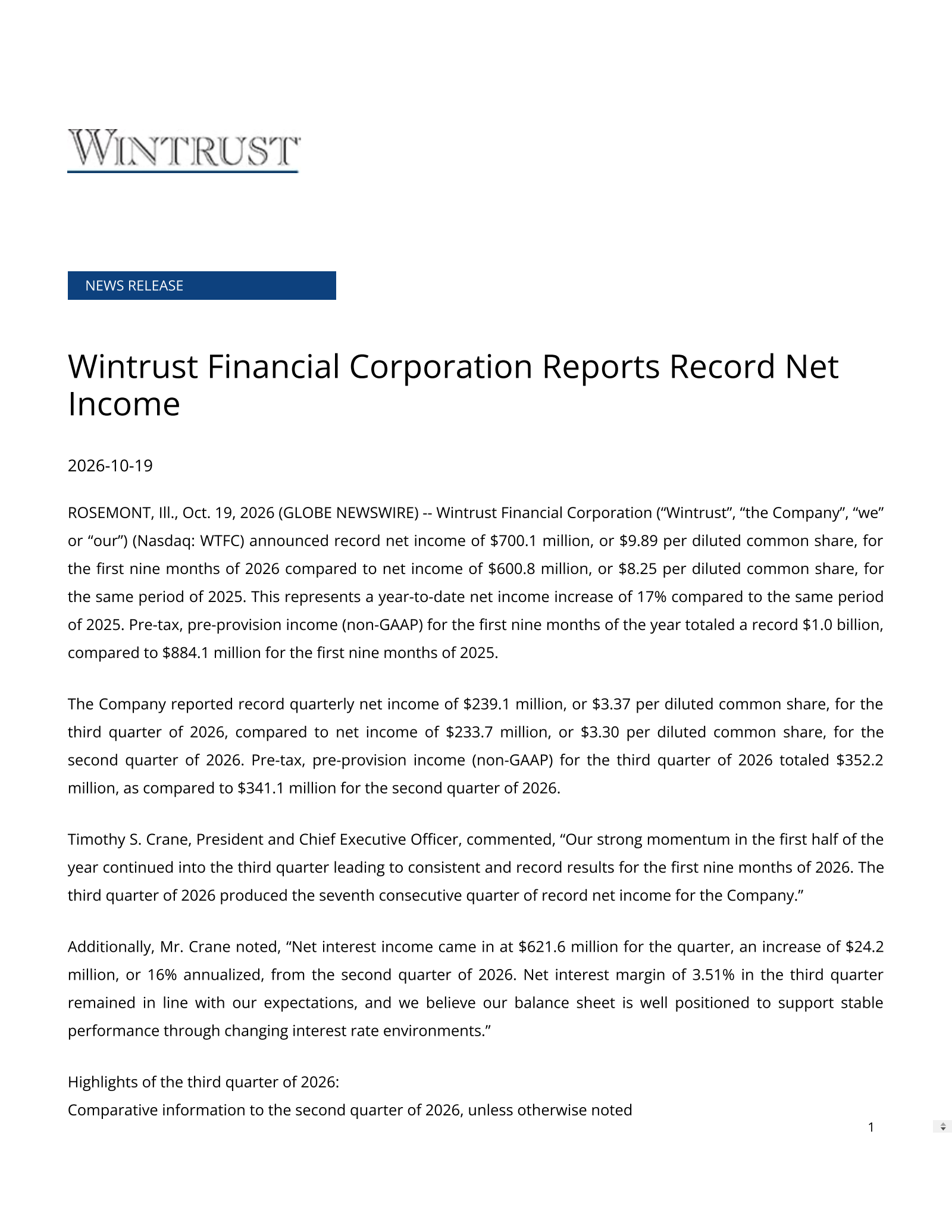 Wintrust Financial's Q3 2026 Press Release