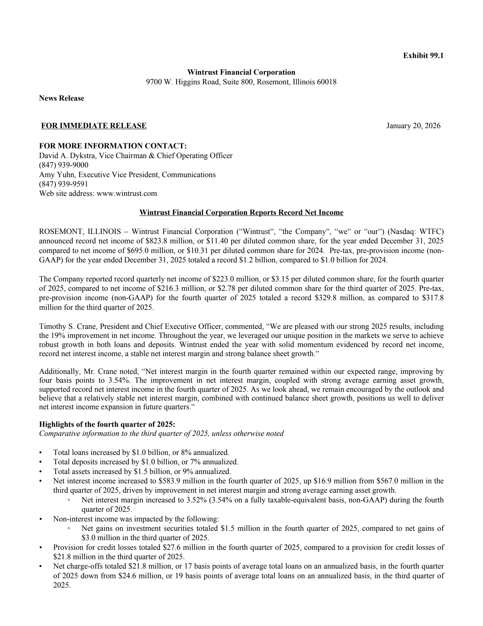 Wintrust Financial's Q4 2025 Press Release