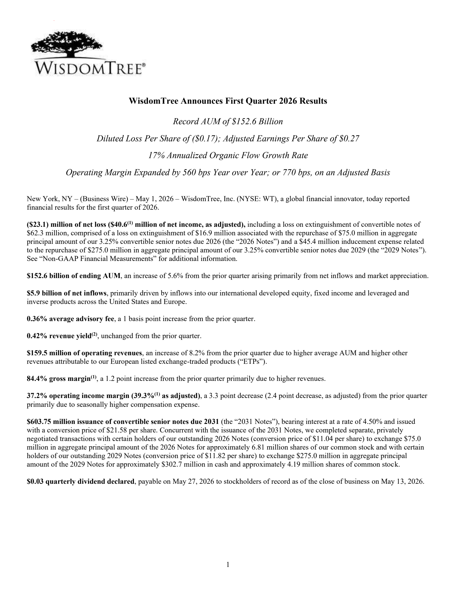 WisdomTree's Q1 2026 Press Release