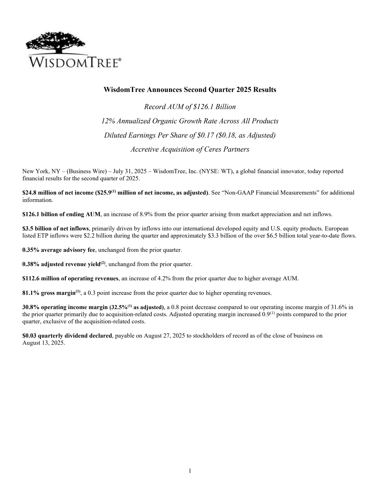 WisdomTree's Q2 2025 Press Release