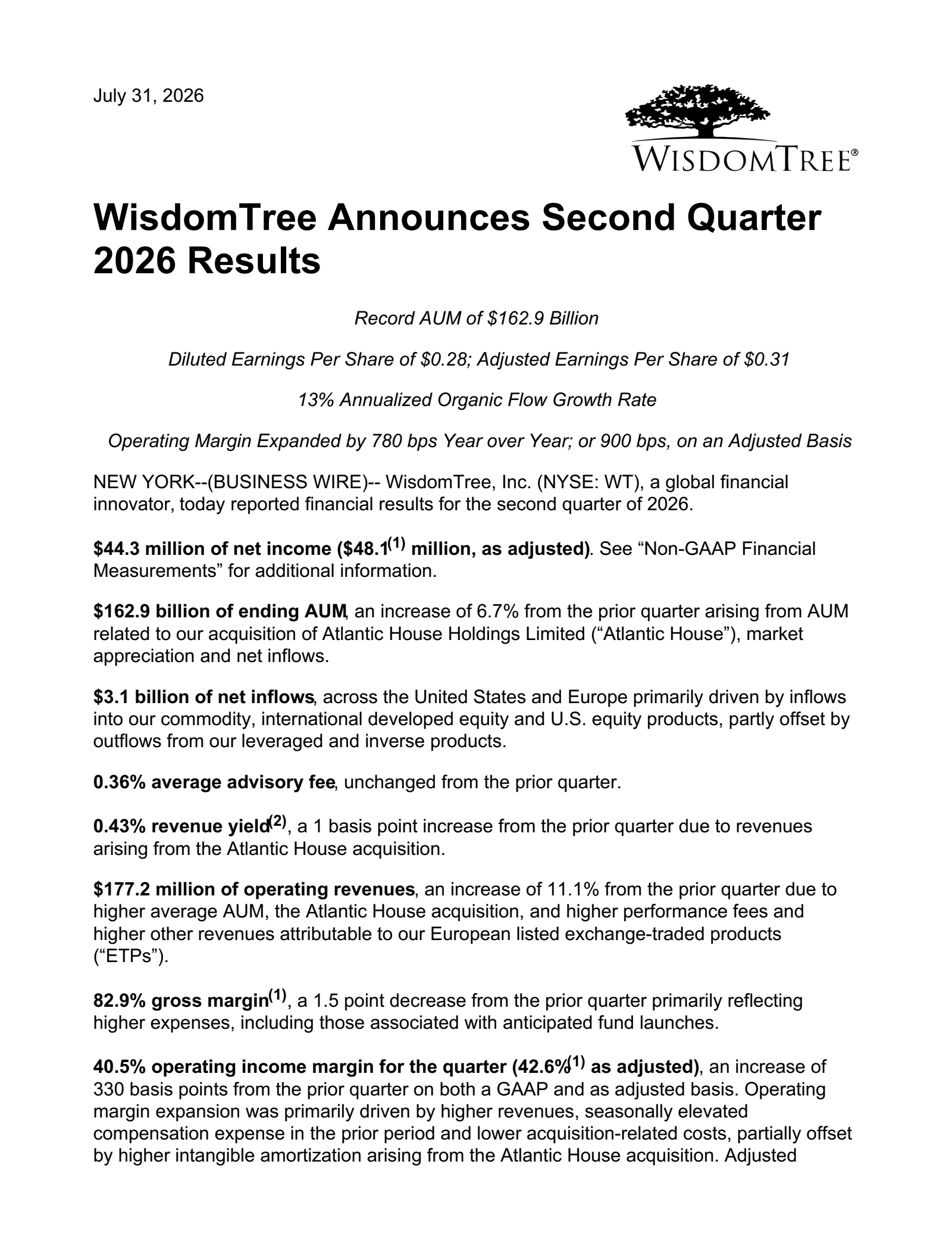 WisdomTree's Q2 2026 Press Release