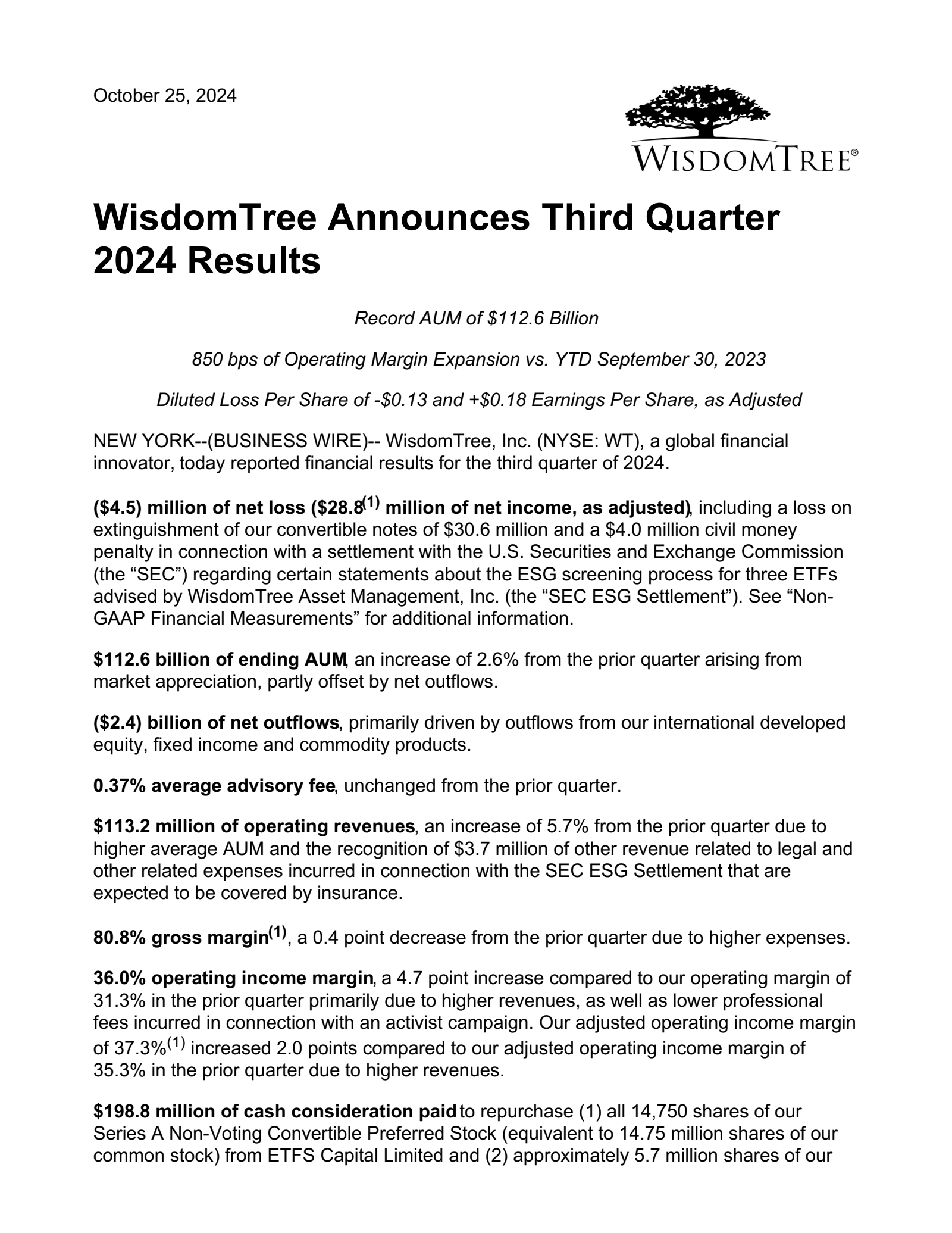 WisdomTree's Q3 2024 Press Release
