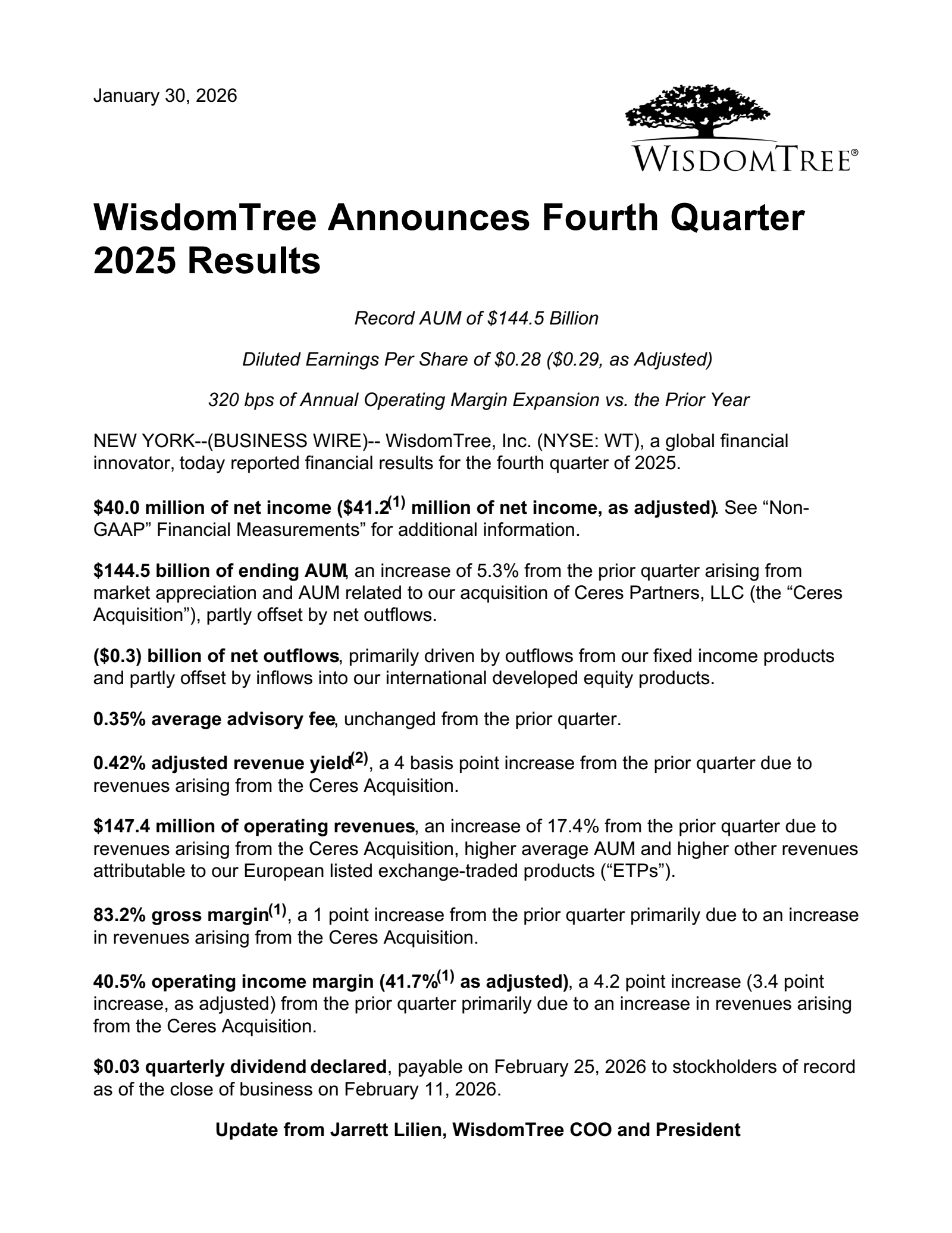 WisdomTree's Q4 2025 Press Release