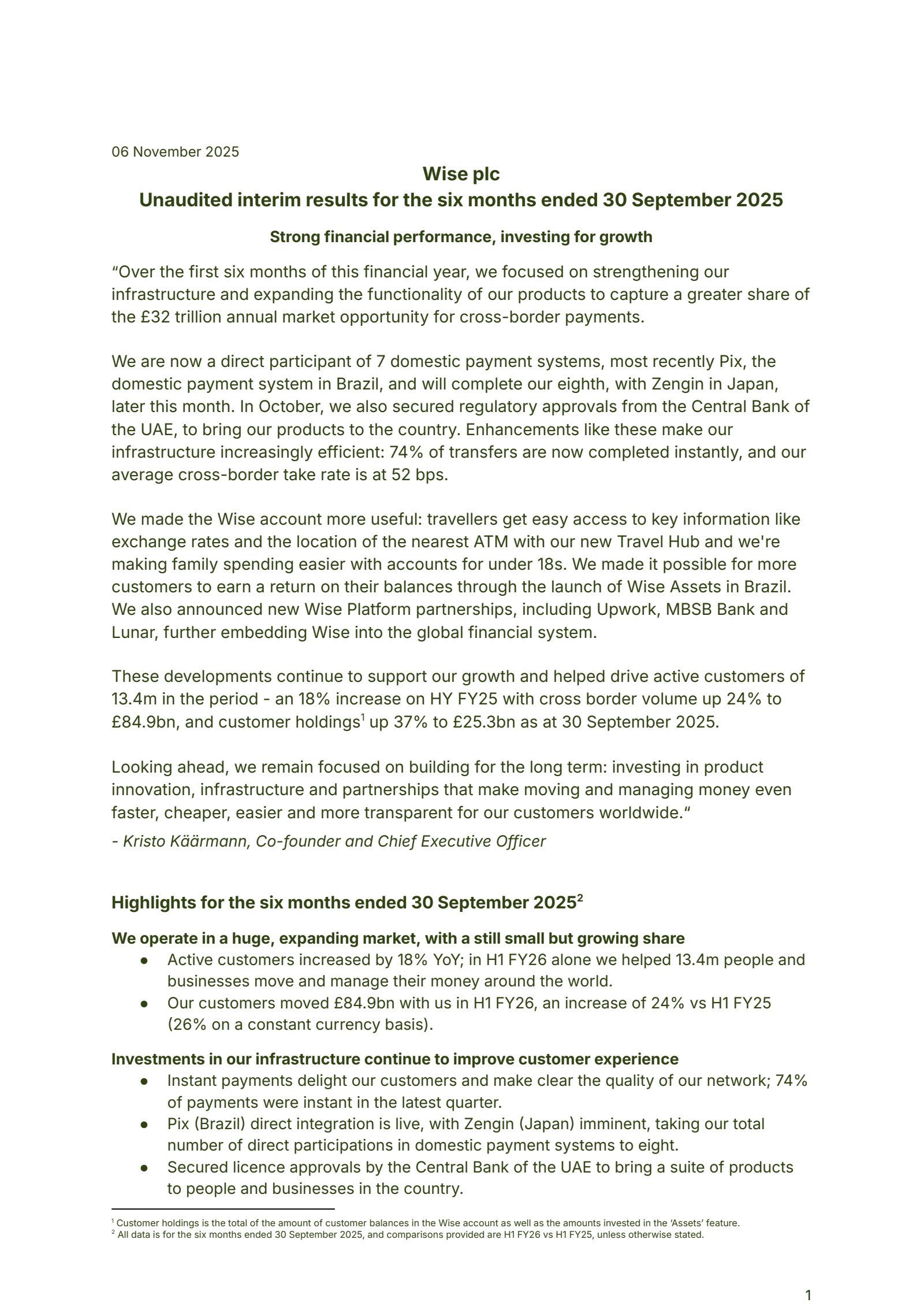 Wise's H1 2026 Interim Report