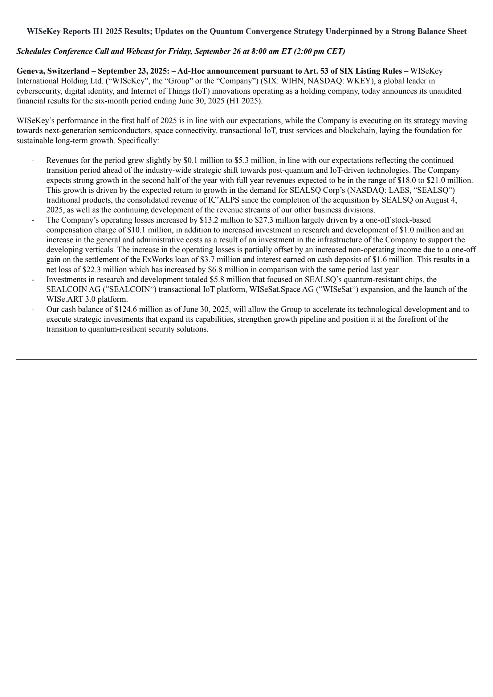 WISeKey International's H1 2025 Earnings Release