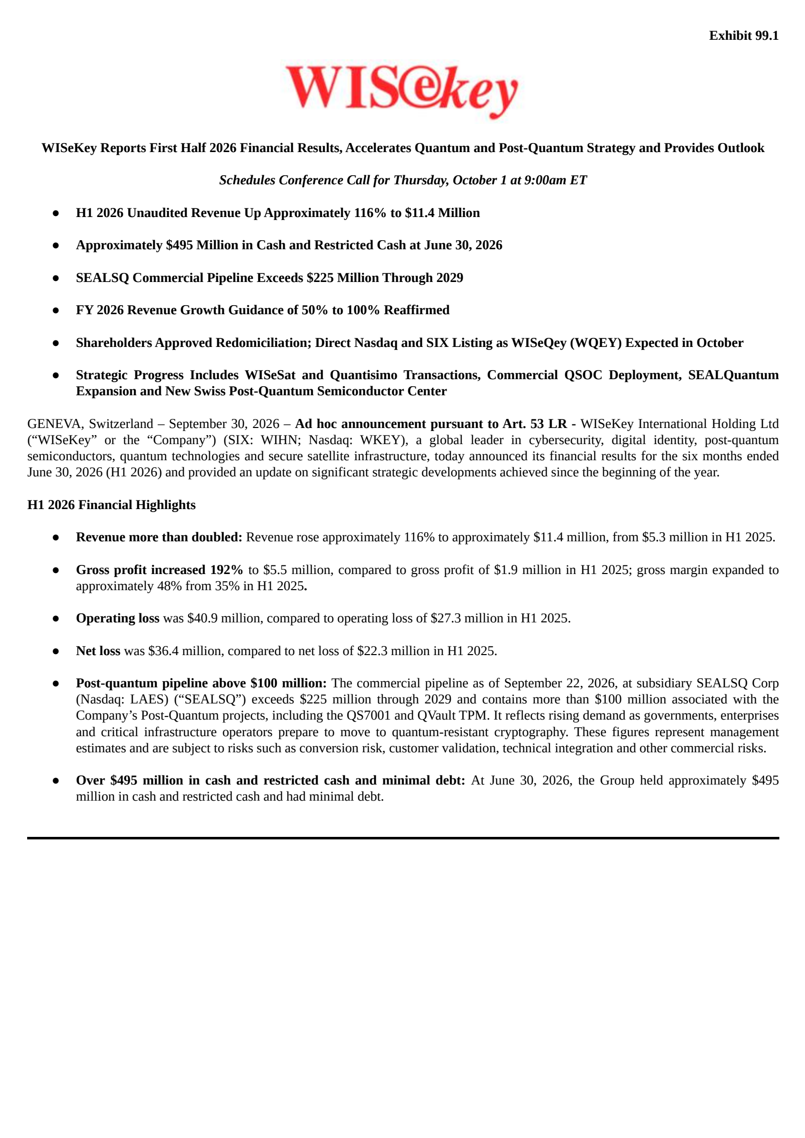 WISeKey International (WKEY) H1 2026 Earnings Results & Call Transcript