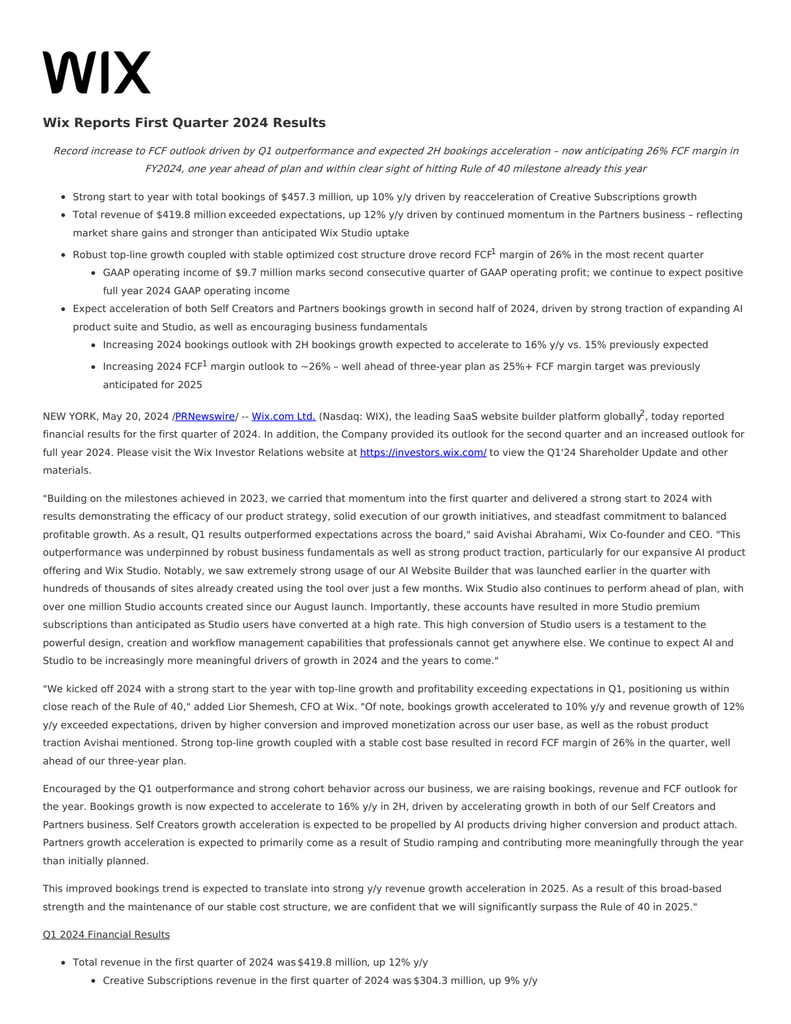 Wix.com's Q1 2024 Earnings Release