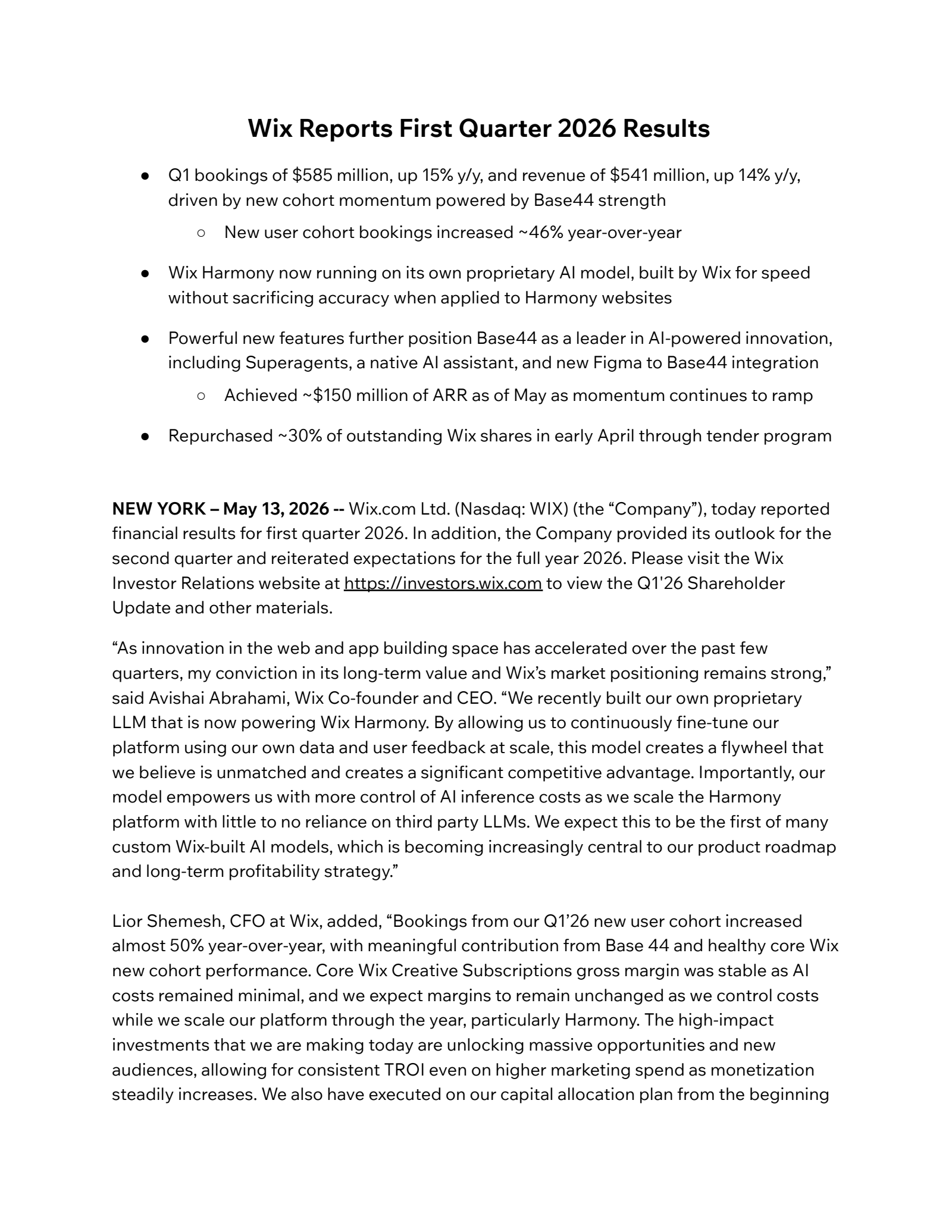 Wix.com's Q1 2026 Press Release