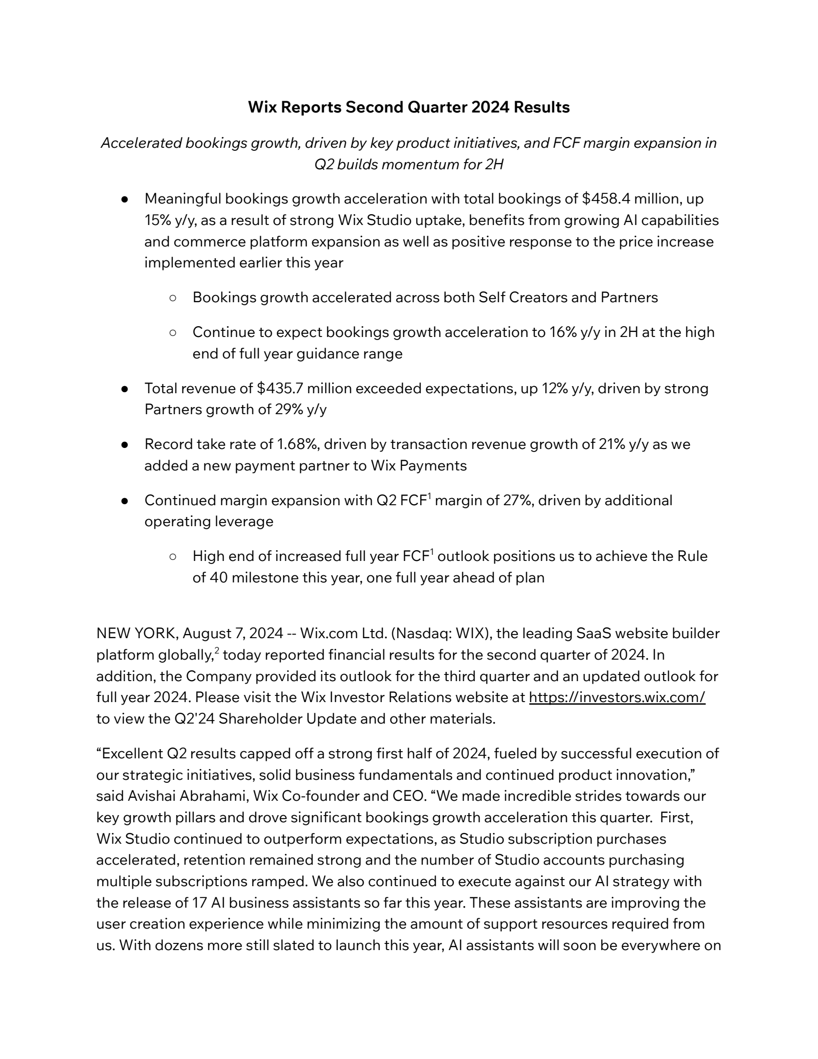 Wix.com's Q2 2024 Earnings Release