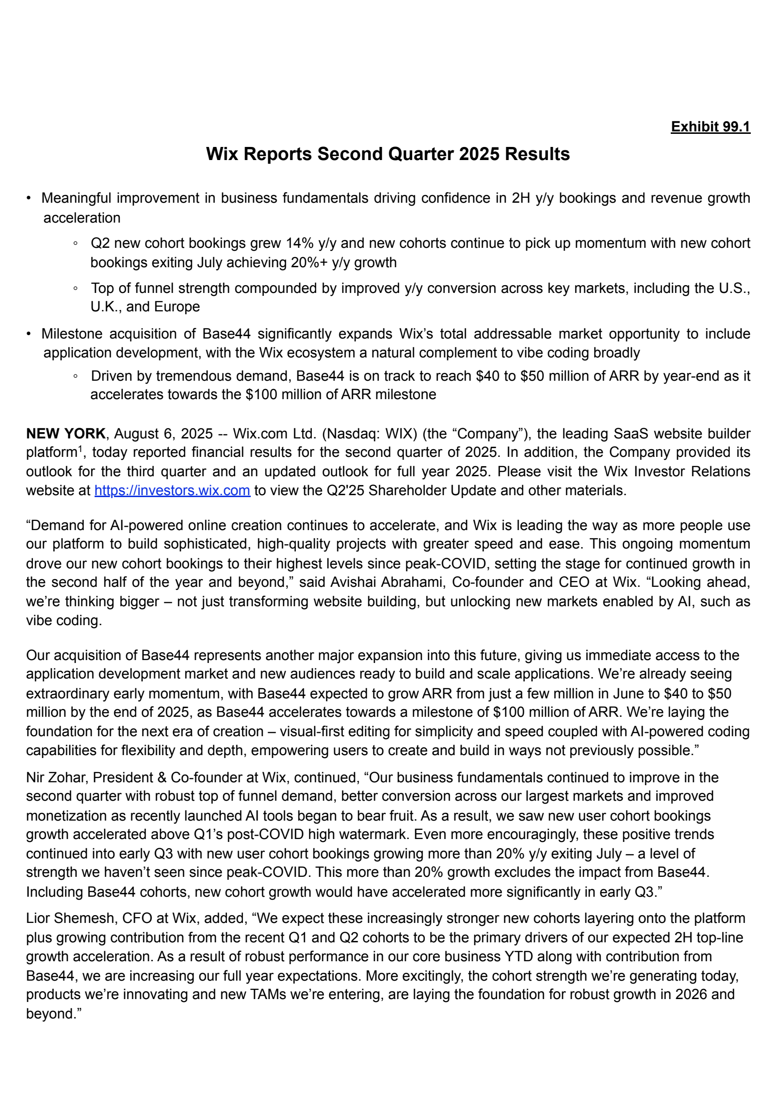 Wix.com's Q2 2025 Press Release