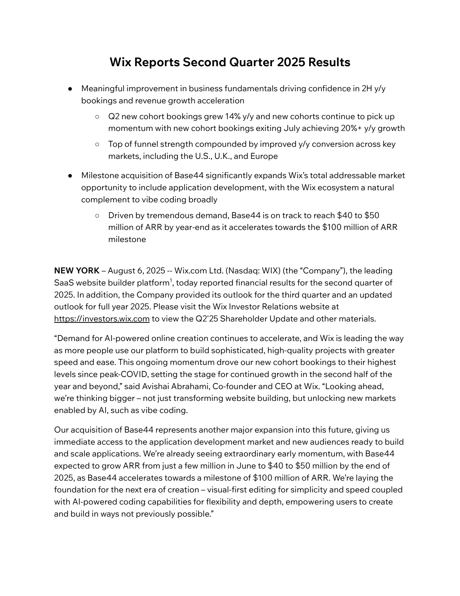 Wix.com's Q2 2025 Earnings Release