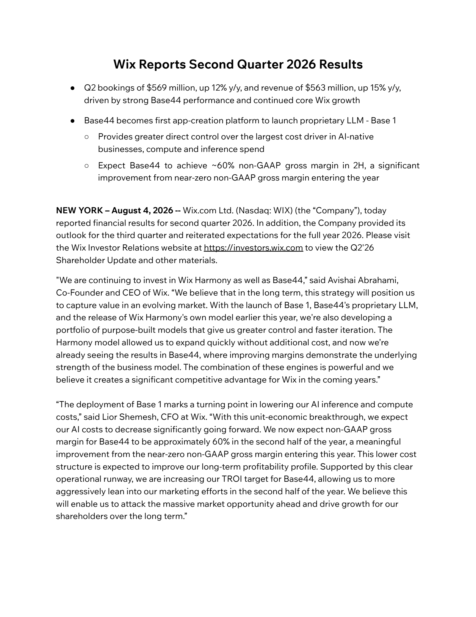 Wix.com's Q2 2026 Press Release